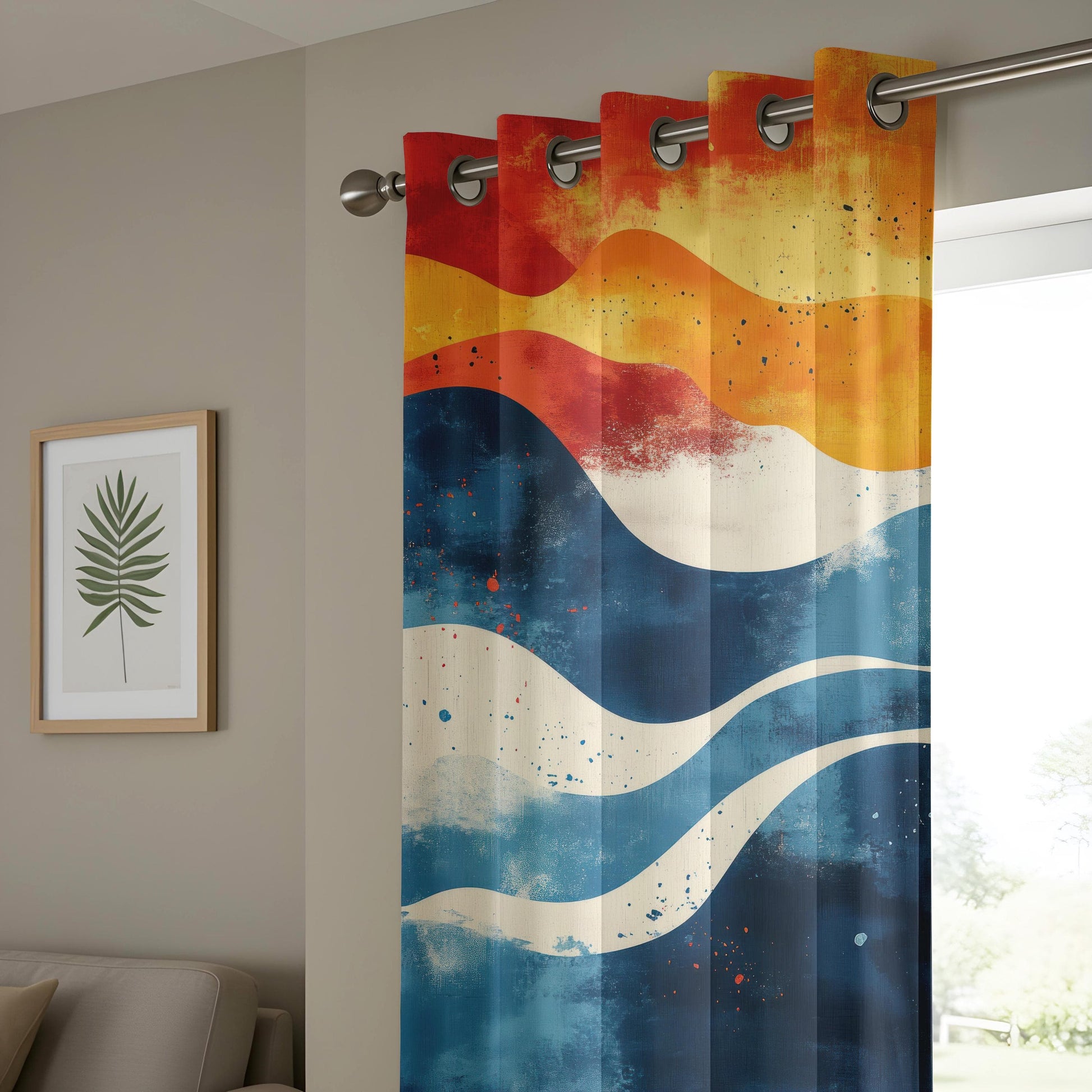 Onay Vibrant Wave Abstract Living Room Curtains, Sunset Ocean Home Decor