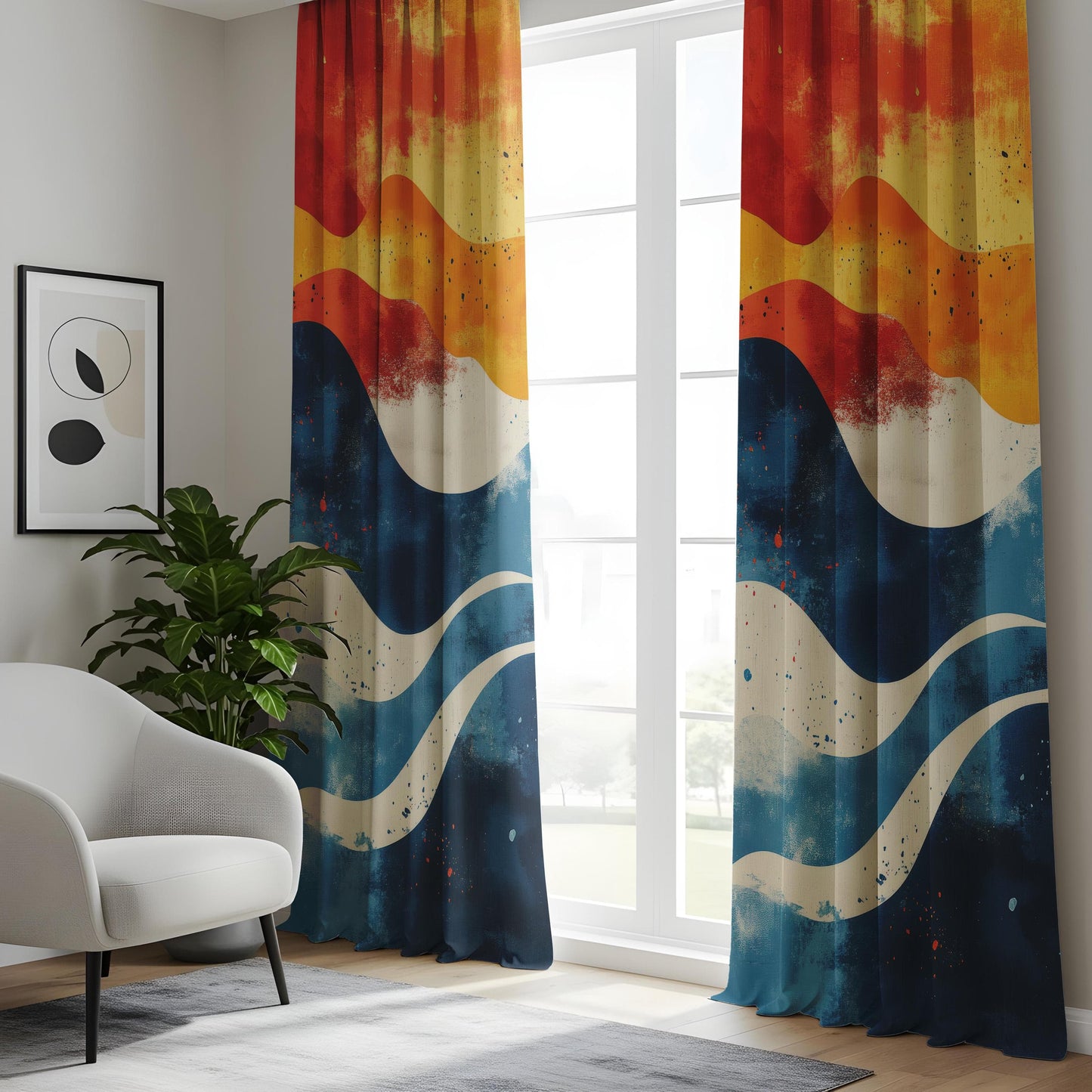 Onay Vibrant Wave Abstract Living Room Curtains, Sunset Ocean Home Decor