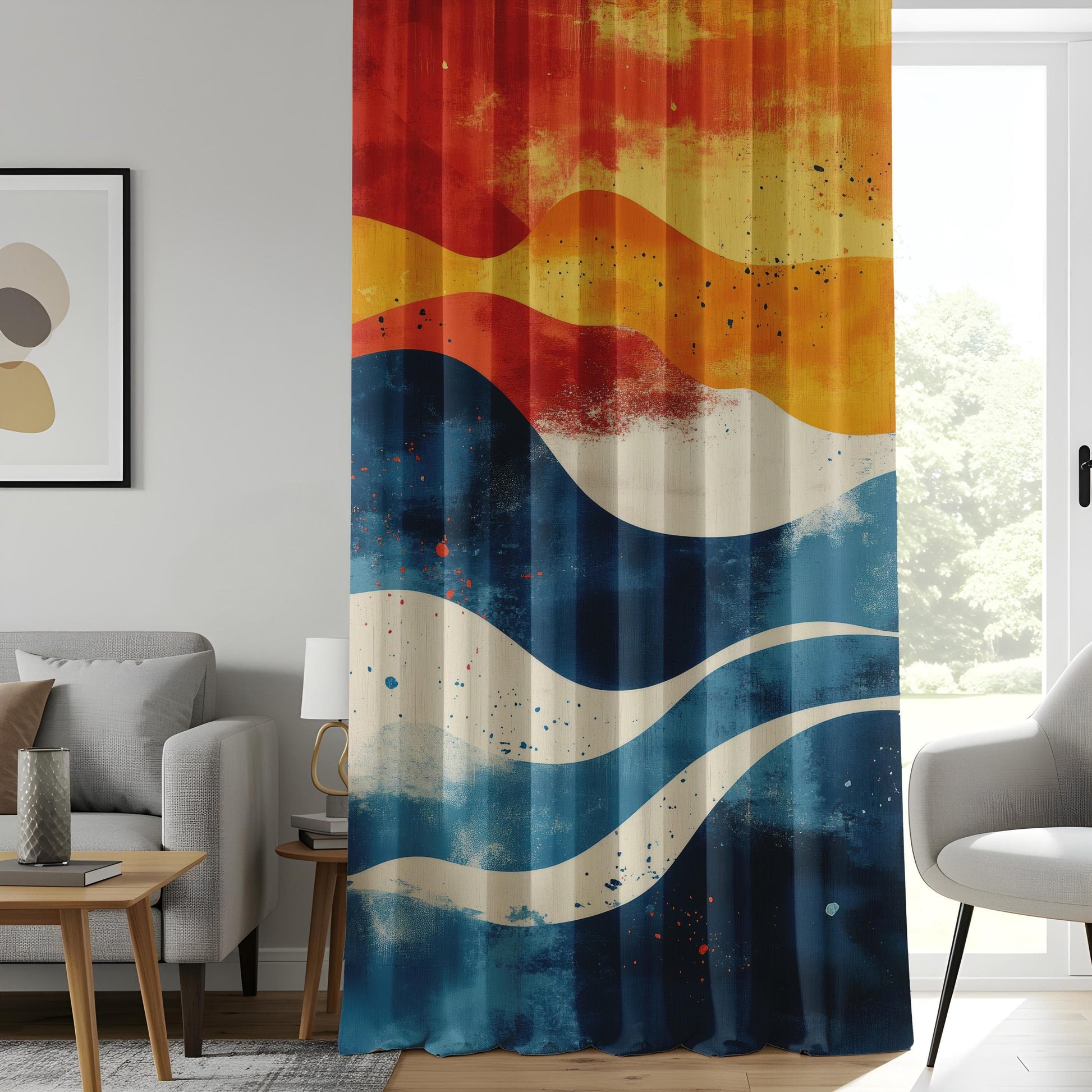 Onay Vibrant Wave Abstract Living Room Curtains, Sunset Ocean Home Decor