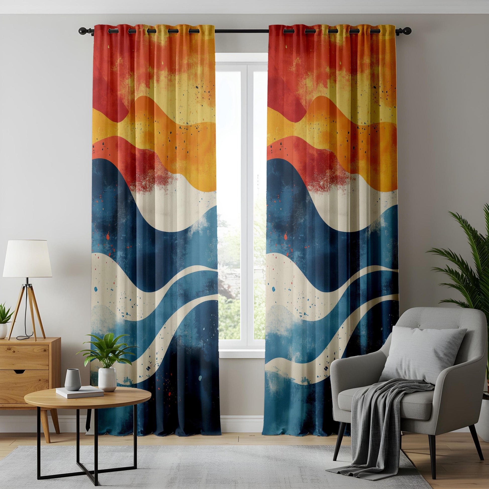 Onay Vibrant Wave Abstract Living Room Curtains, Sunset Ocean Home Decor