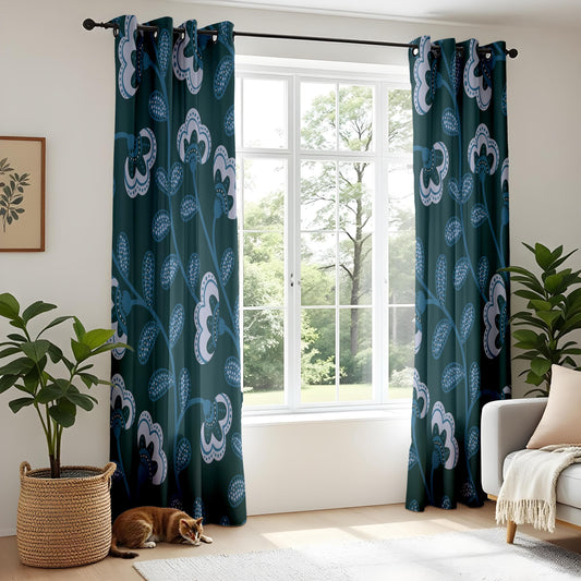 Onay Vintage Dark Floral Curtains – Deep Teal & White Cottagecore Drapes