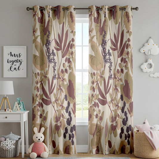 Onay Vintage Floral Curtains – Beige and Burgundy Botanical Drapes for Rustic Nature-Inspired Interiors
