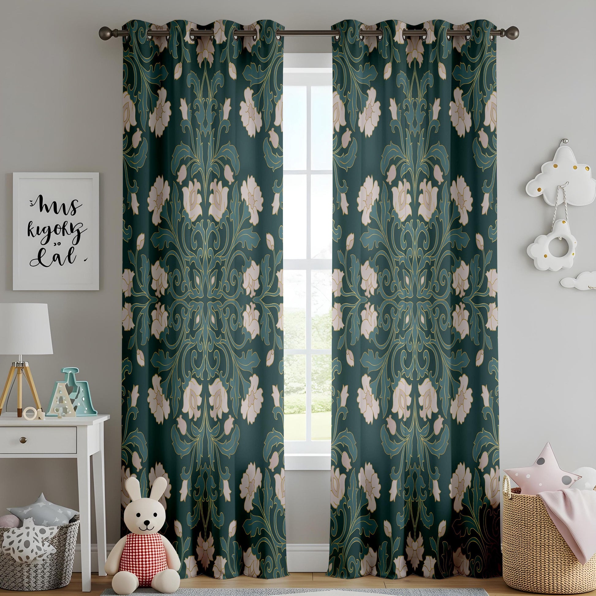 Onay Vintage Floral Curtains – Elegant Green and Cream Drapes with Classic Motifs