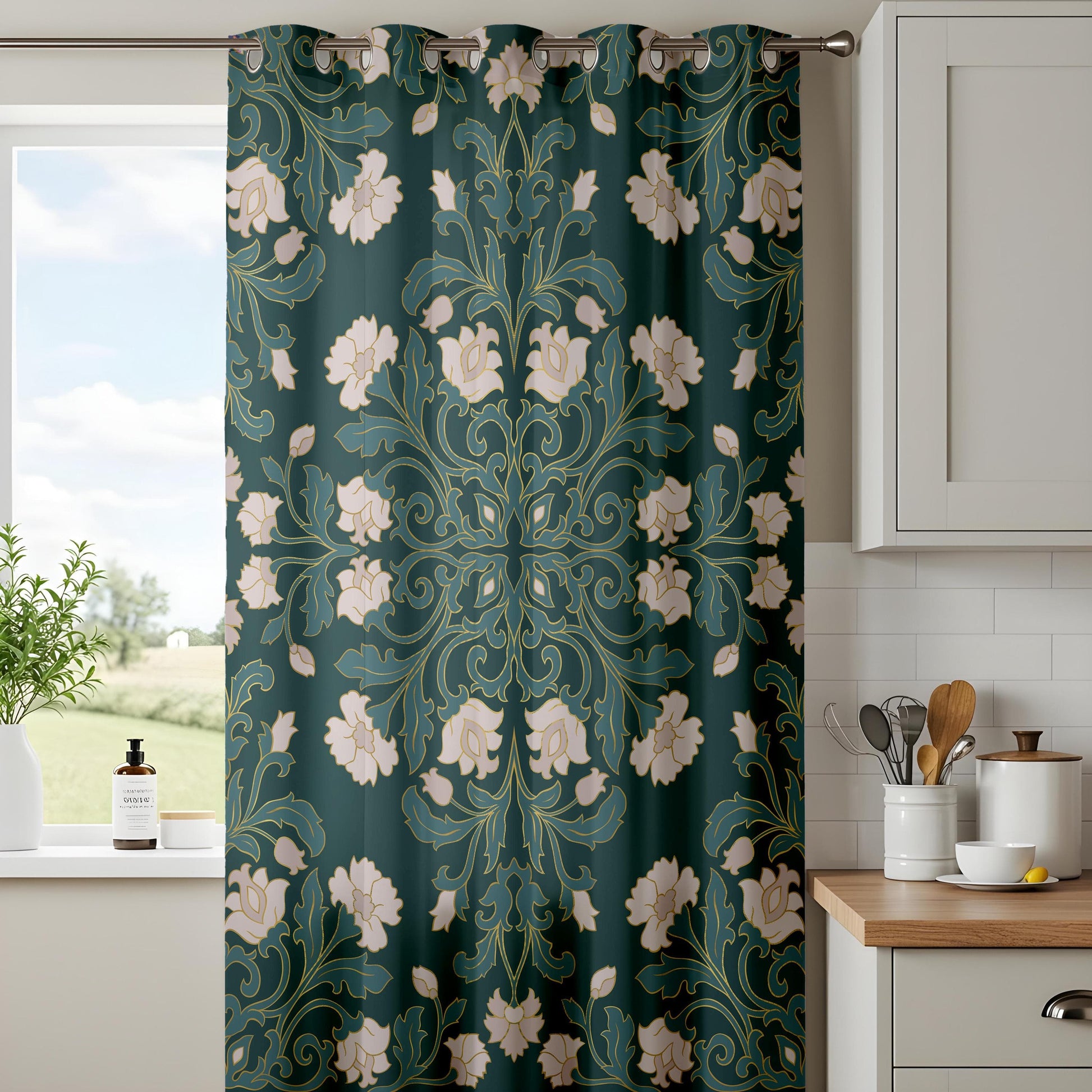Onay Vintage Floral Curtains – Elegant Green and Cream Drapes with Classic Motifs