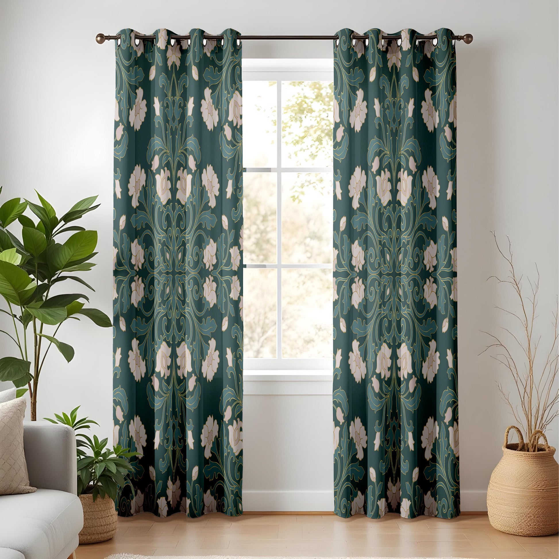 Onay Vintage Floral Curtains – Elegant Green and Cream Drapes with Classic Motifs