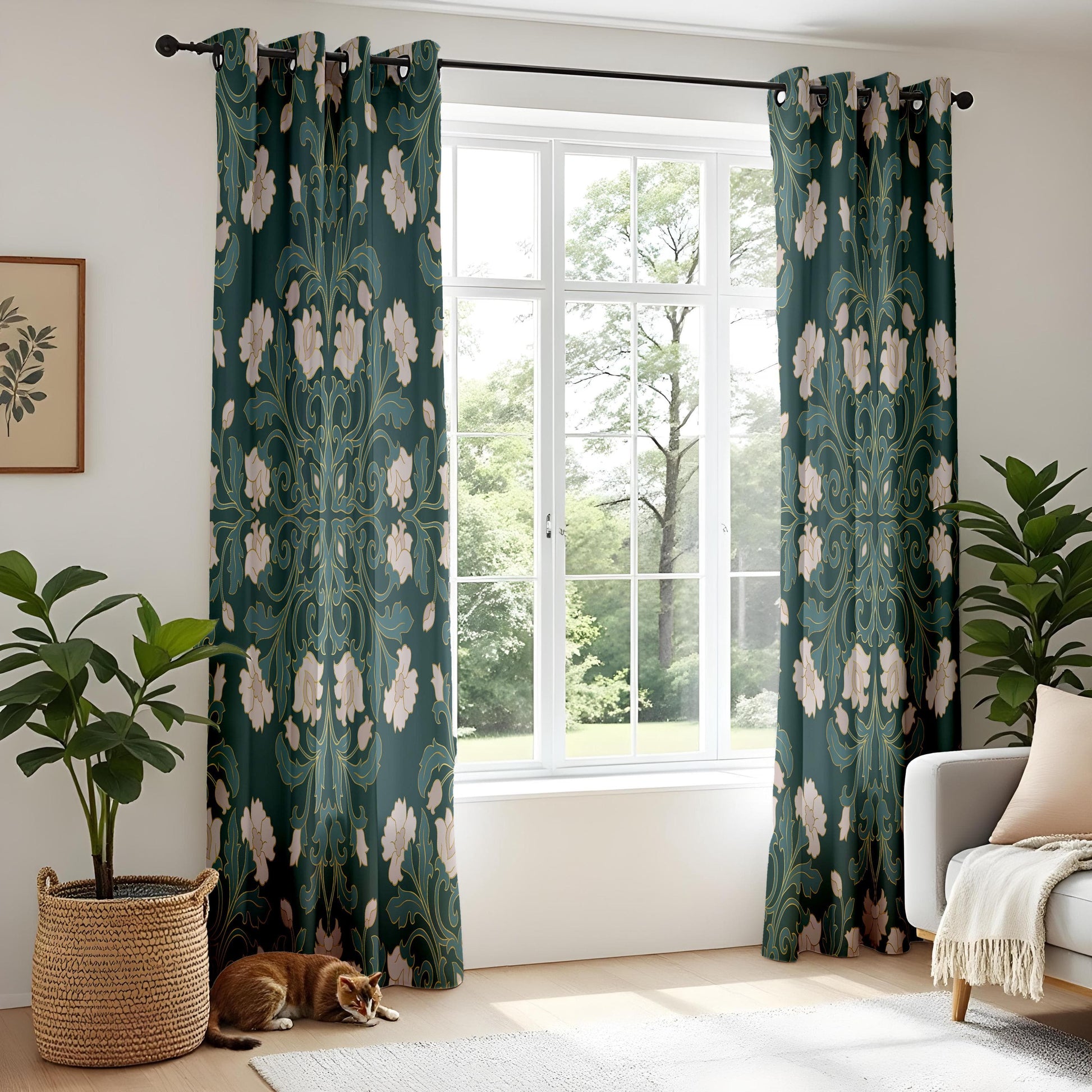 Onay Vintage Floral Curtains – Elegant Green and Cream Drapes with Classic Motifs