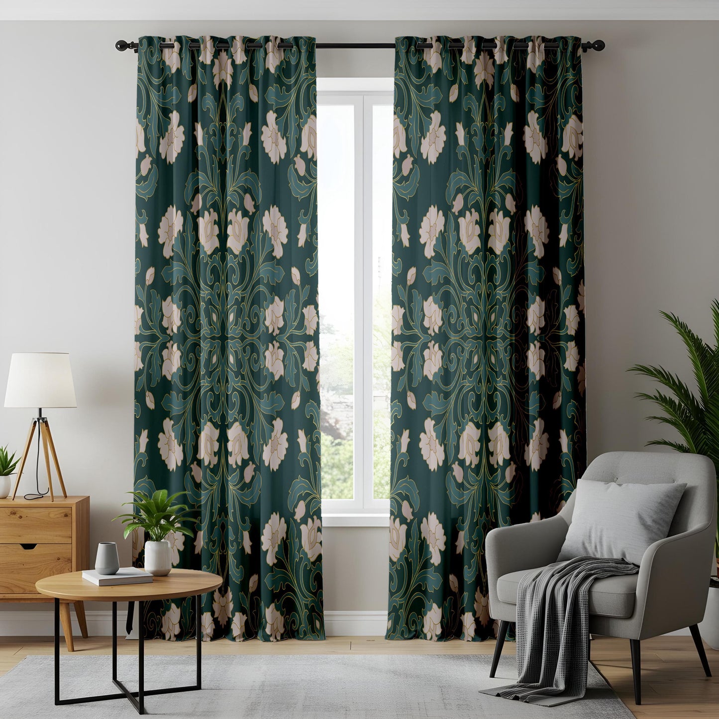 Onay Vintage Floral Curtains – Elegant Green and Cream Drapes with Classic Motifs
