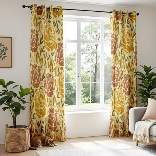 Onay Vintage Floral Curtains – Retro Mustard & Rust Rose Cottagecore Drapes