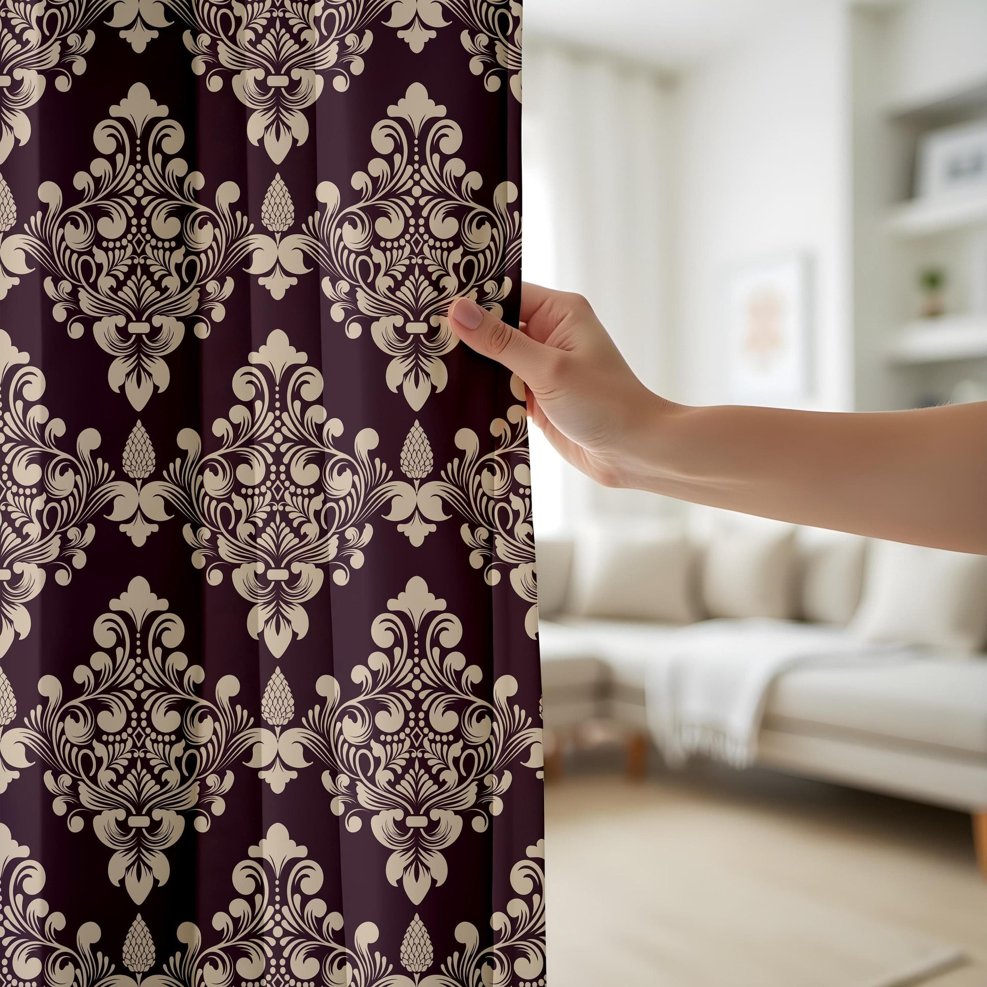 Onay Vintage Floral Damask Curtains Deep Plum Drapes with Ornate Retro Design