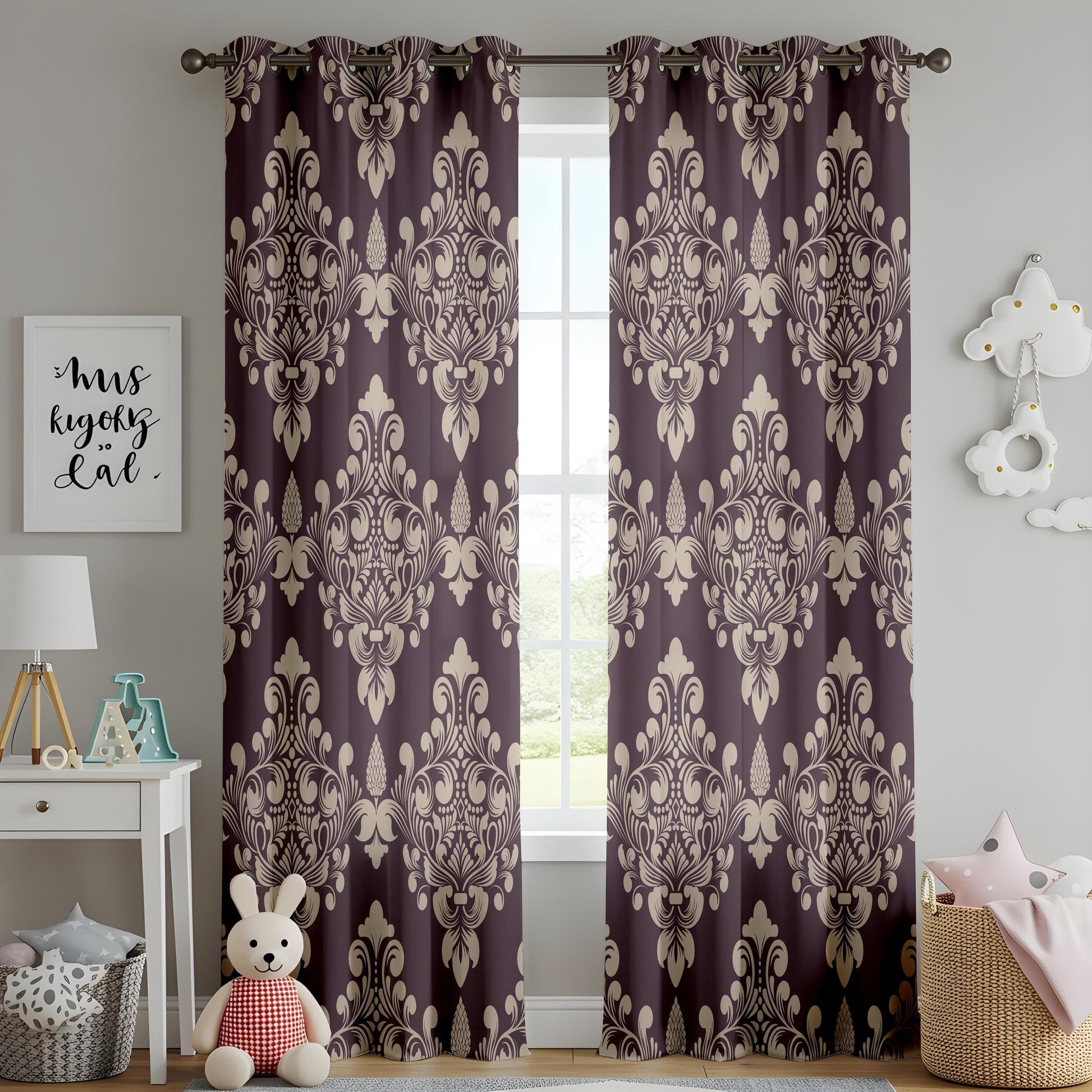 Onay Vintage Floral Damask Curtains Deep Plum Drapes with Ornate Retro Design