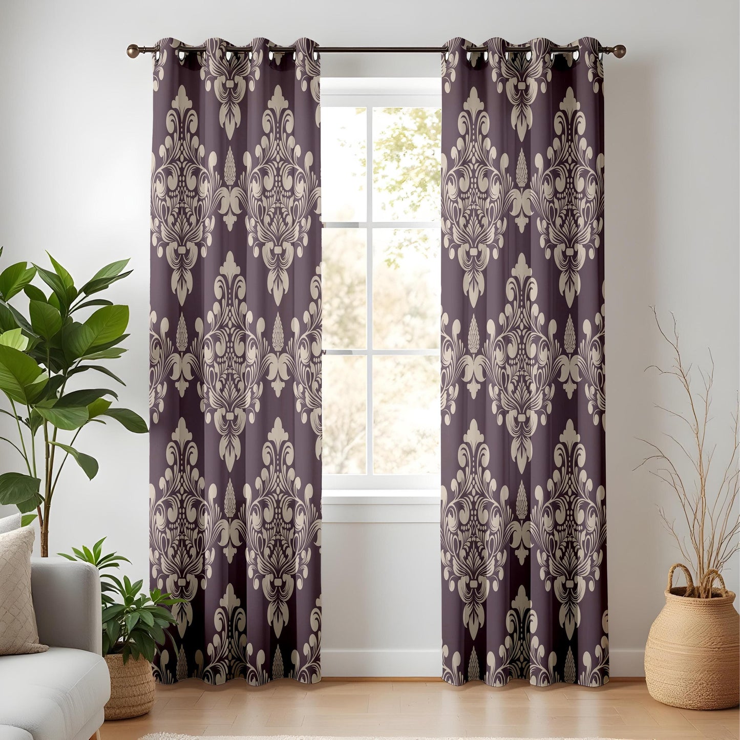 Onay Vintage Floral Damask Curtains Deep Plum Drapes with Ornate Retro Design