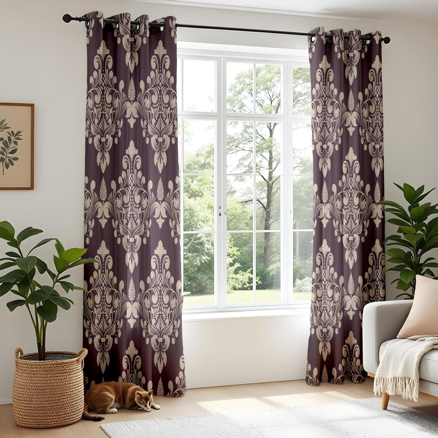 Onay Vintage Floral Damask Curtains Deep Plum Drapes with Ornate Retro Design