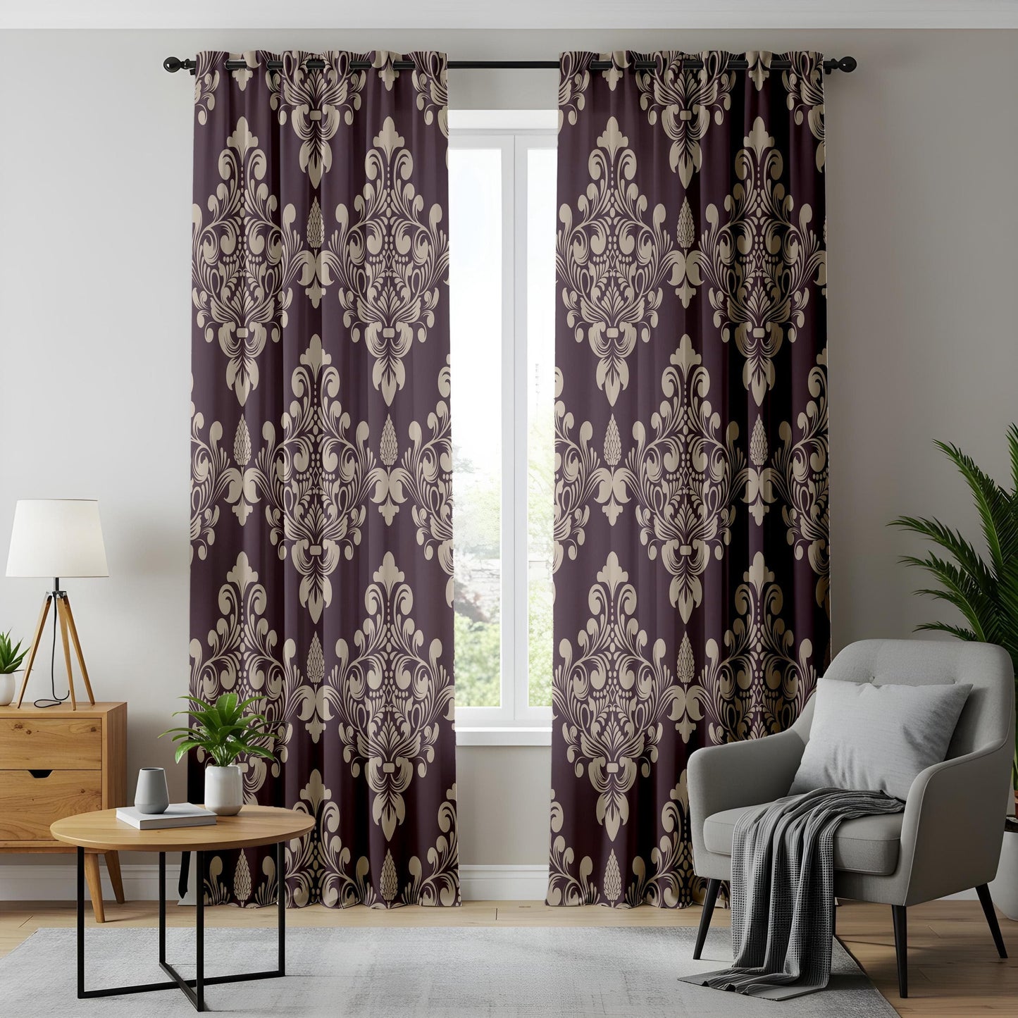 Onay Vintage Floral Damask Curtains Deep Plum Drapes with Ornate Retro Design