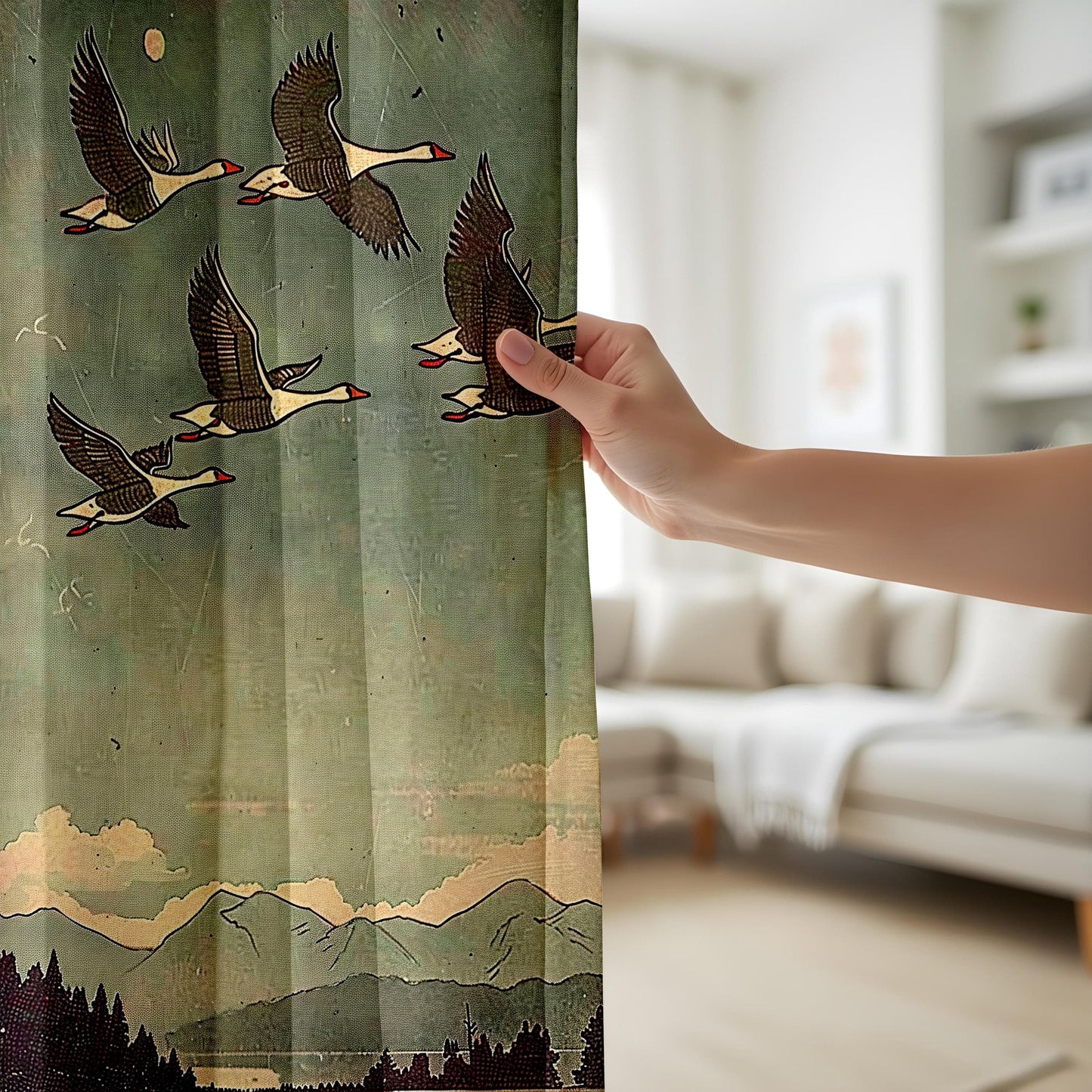 Onay Curtain Vintage Flying Birds Curtains Made to Measure Drapes with Mountain Landscape Design