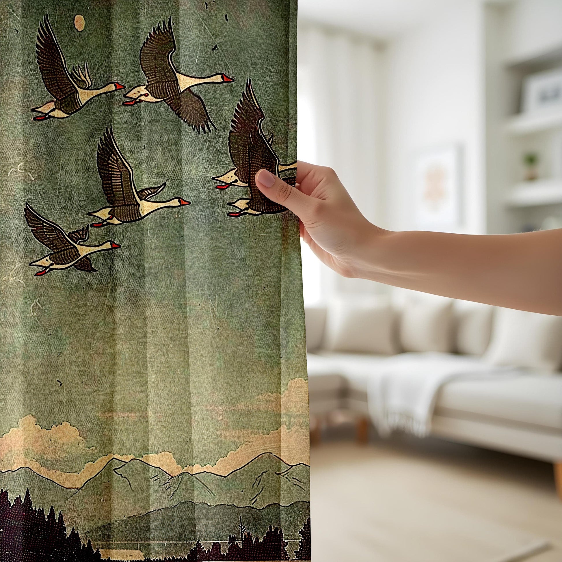 Onay Curtain Vintage Flying Birds Curtains Made to Measure Drapes with Mountain Landscape Design
