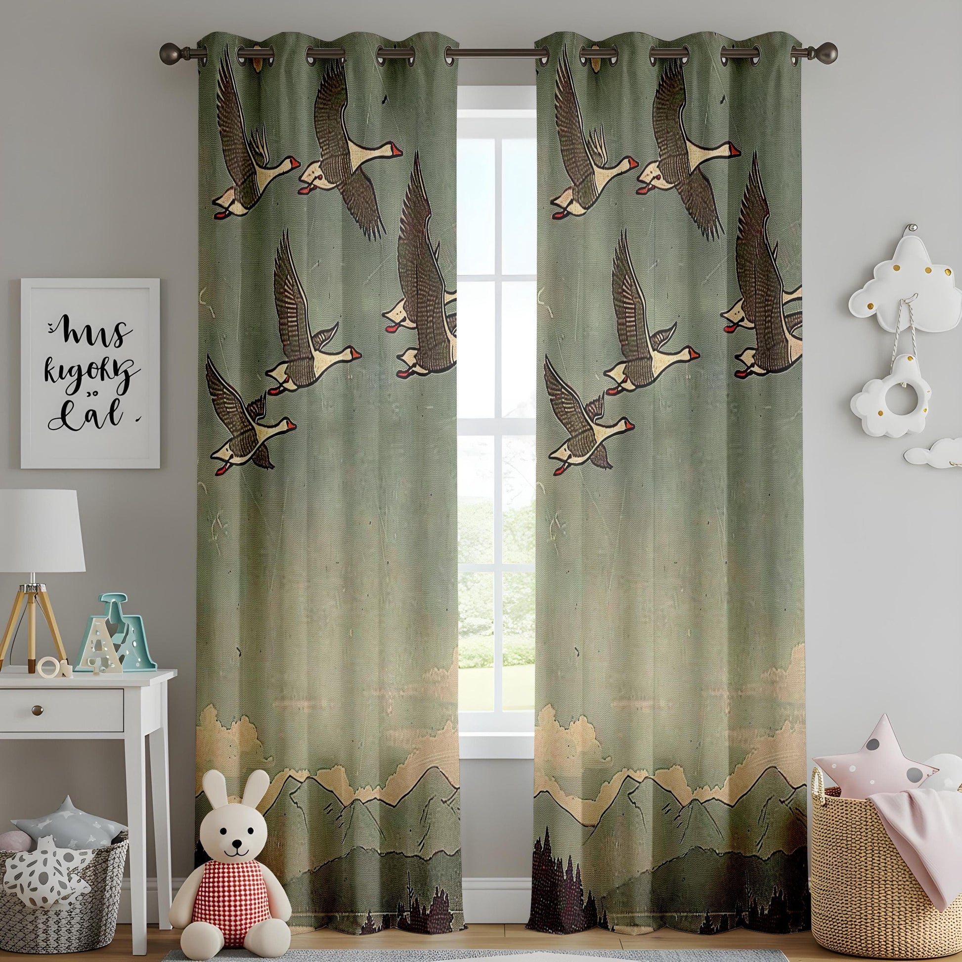 Onay Curtain Vintage Flying Birds Curtains Made to Measure Drapes with Mountain Landscape Design