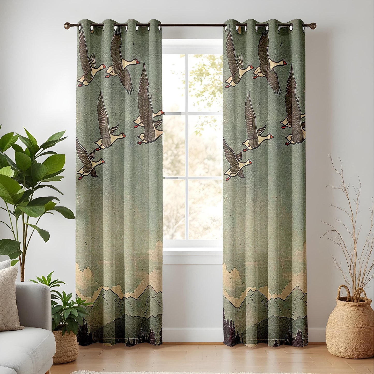 Onay Curtain Vintage Flying Birds Curtains Made to Measure Drapes with Mountain Landscape Design