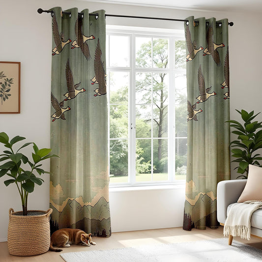 Onay Curtain Vintage Flying Birds Curtains Made to Measure Drapes with Mountain Landscape Design