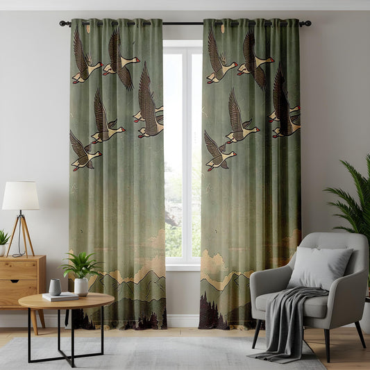 Onay Curtain Vintage Flying Birds Curtains Made to Measure Drapes with Mountain Landscape Design