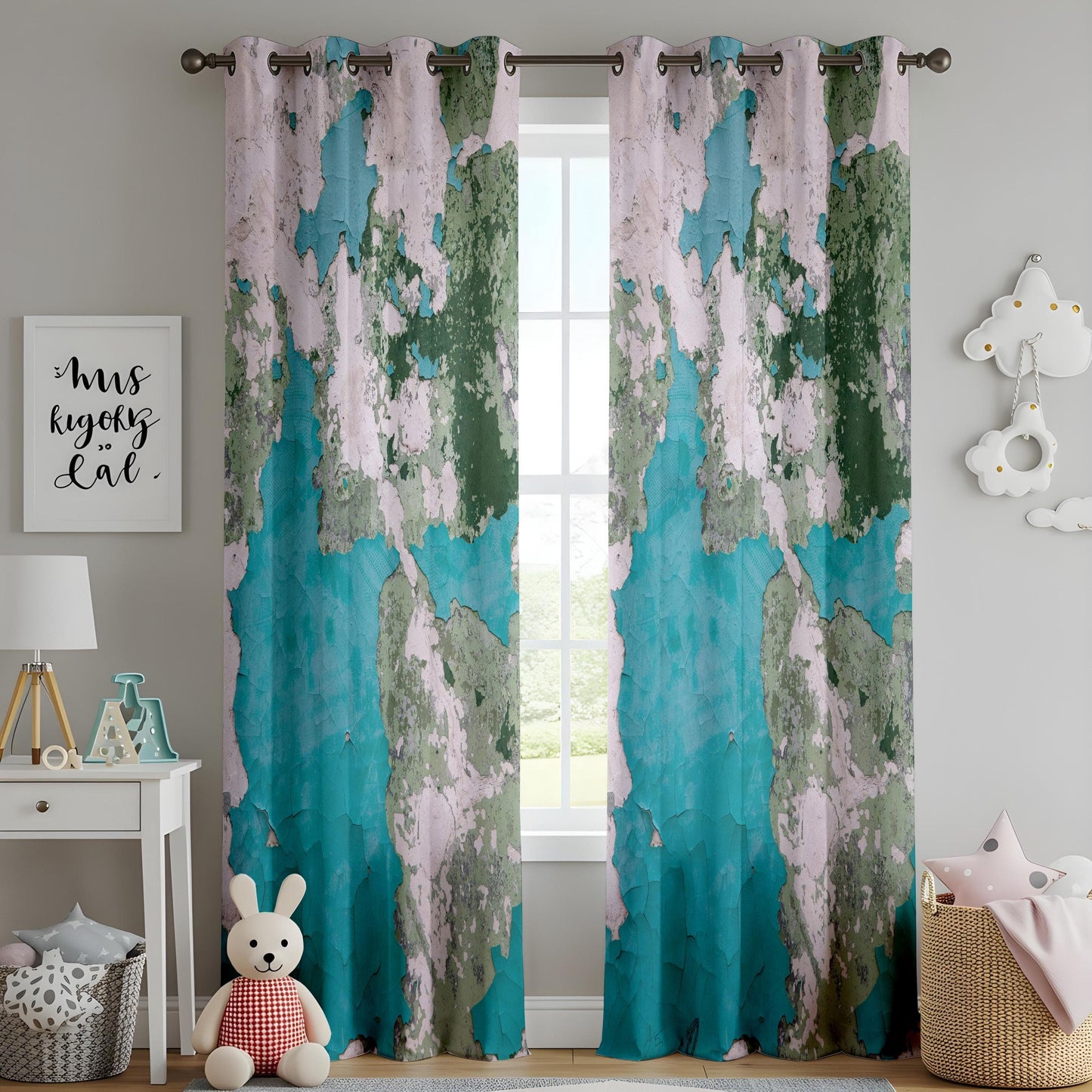 Onay Vintage Map Curtains – Distressed Blue & Green Drapes with Rustic World Map Design for Travel-Inspired