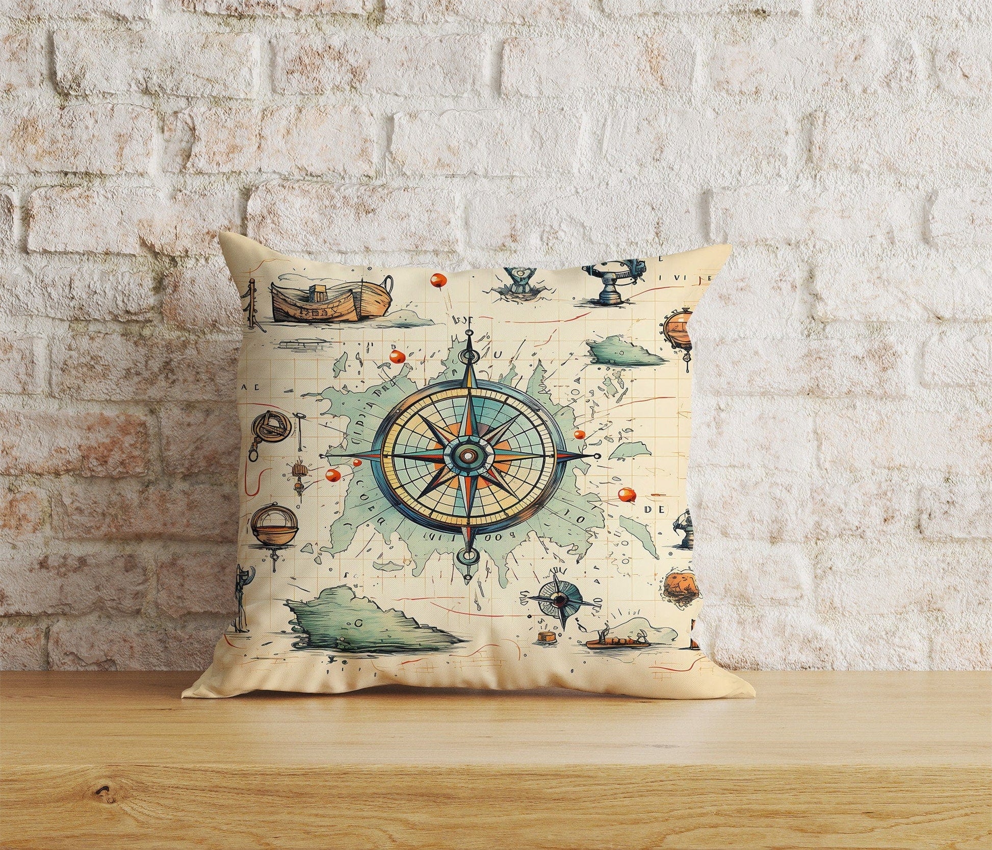 Onay 9 / 12 x 12 inch (30 x 30 cm) Vintage Maps Compass Ancient World Map Cushion Cover
