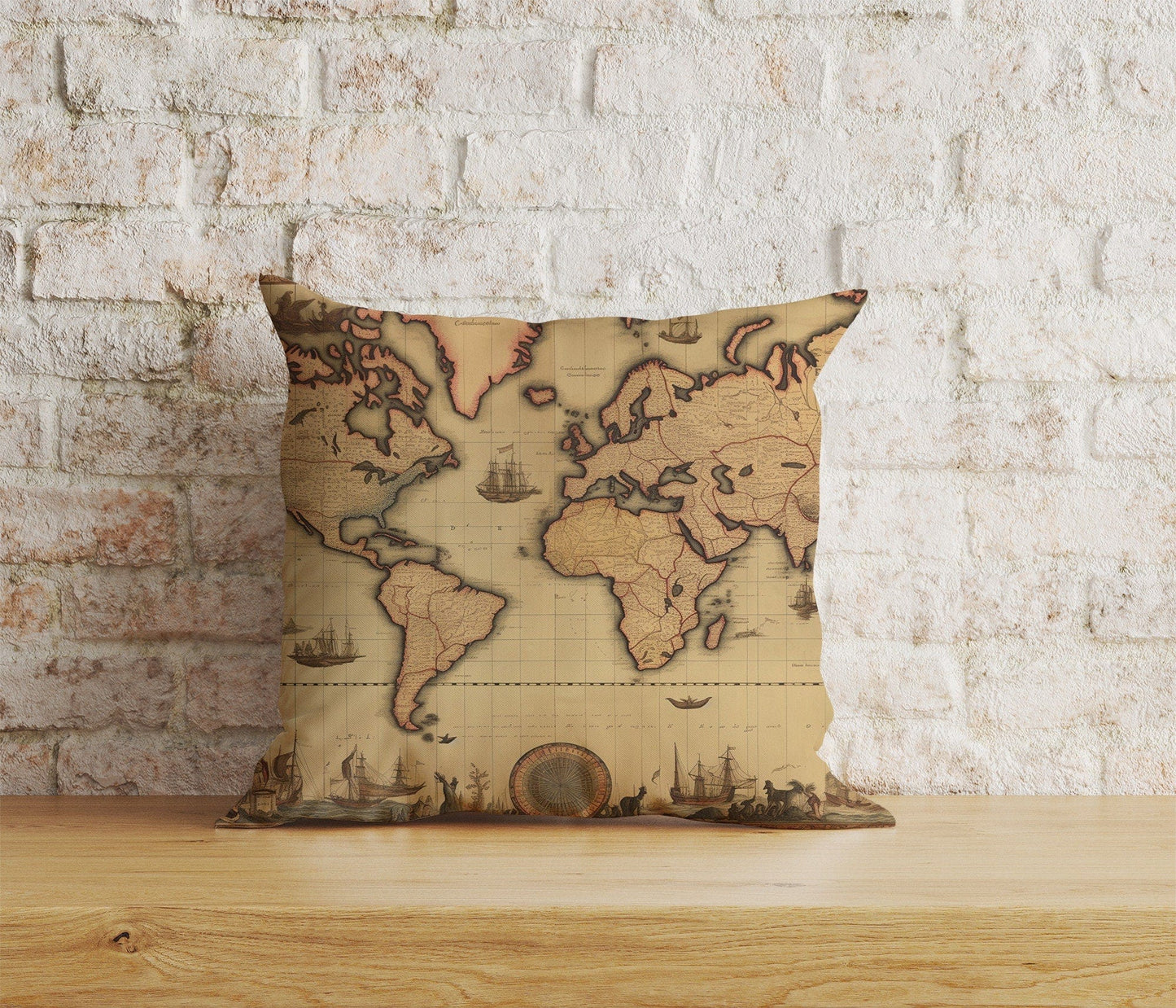 Onay 4 / 12 x 12 inch (30 x 30 cm) Vintage Maps Compass Ancient World Map Cushion Cover