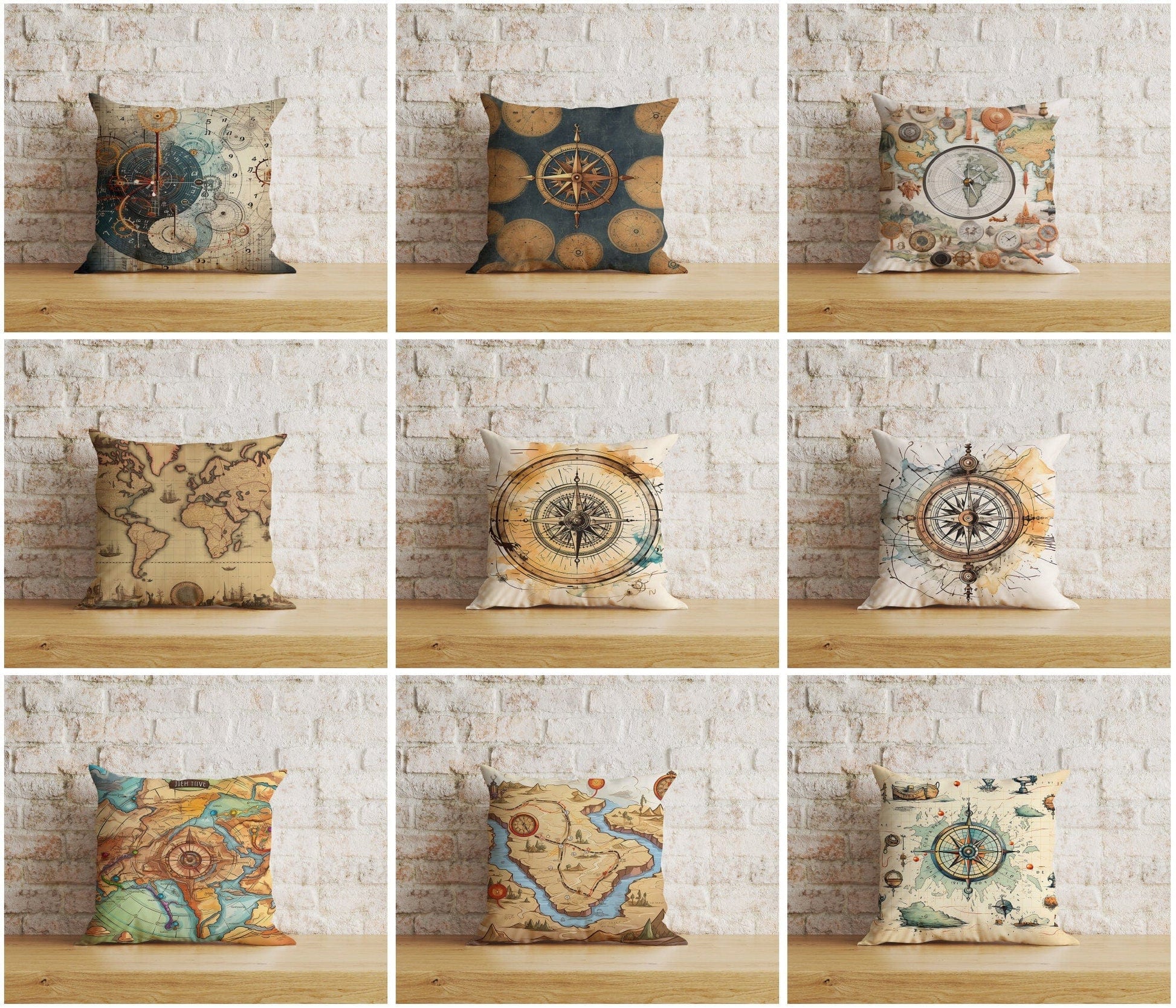 Onay Vintage Maps Compass Ancient World Map Cushion Cover