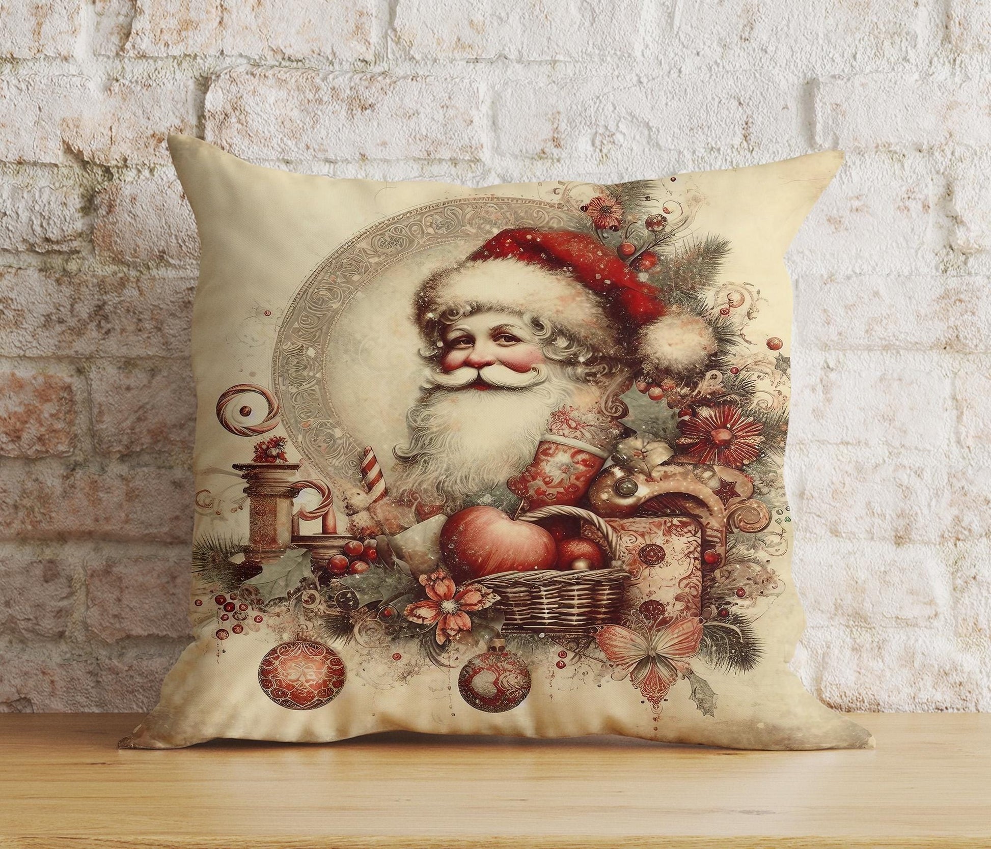 Onay 2 / 12 x 12 inch (30 x 30 cm) Double Side Vintage Nostalgic Santa Claus Christmas Festive Cushion Covers