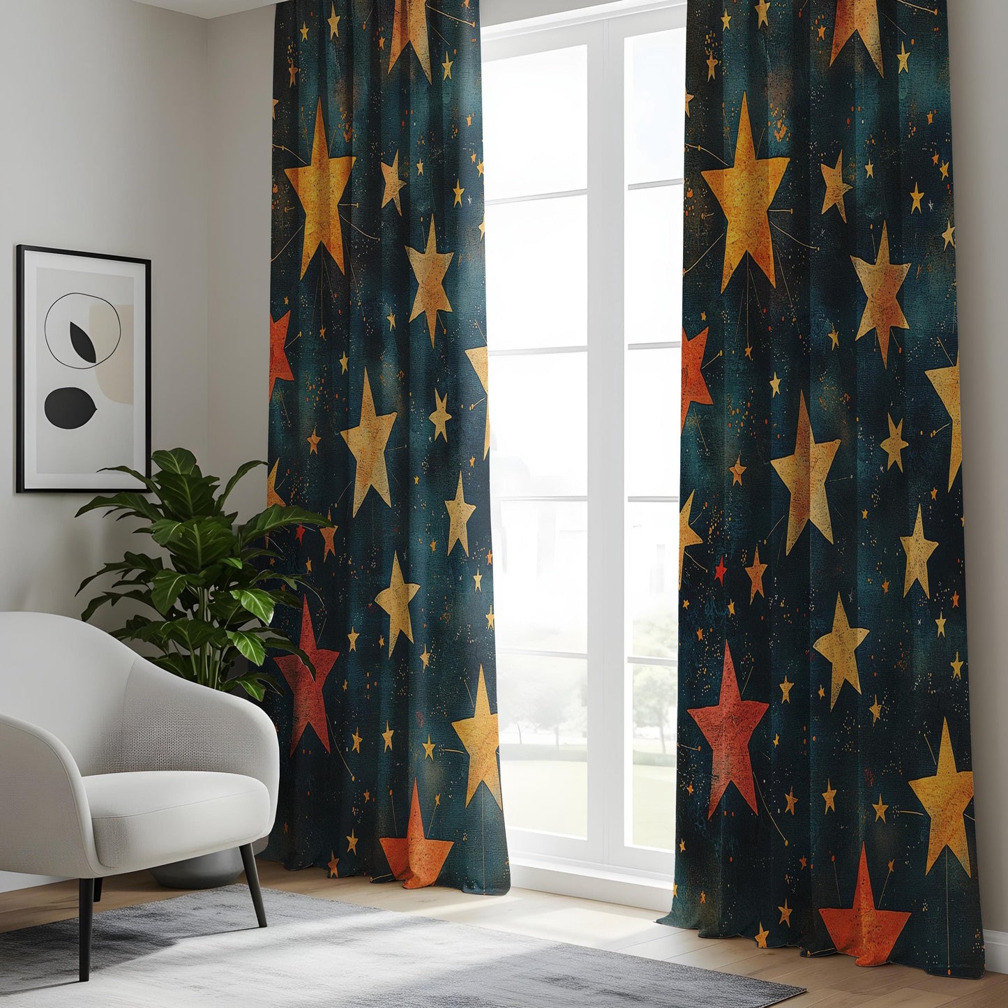 Onay Vintage Starry Night Window Curtains, Celestial Pattern Drapes