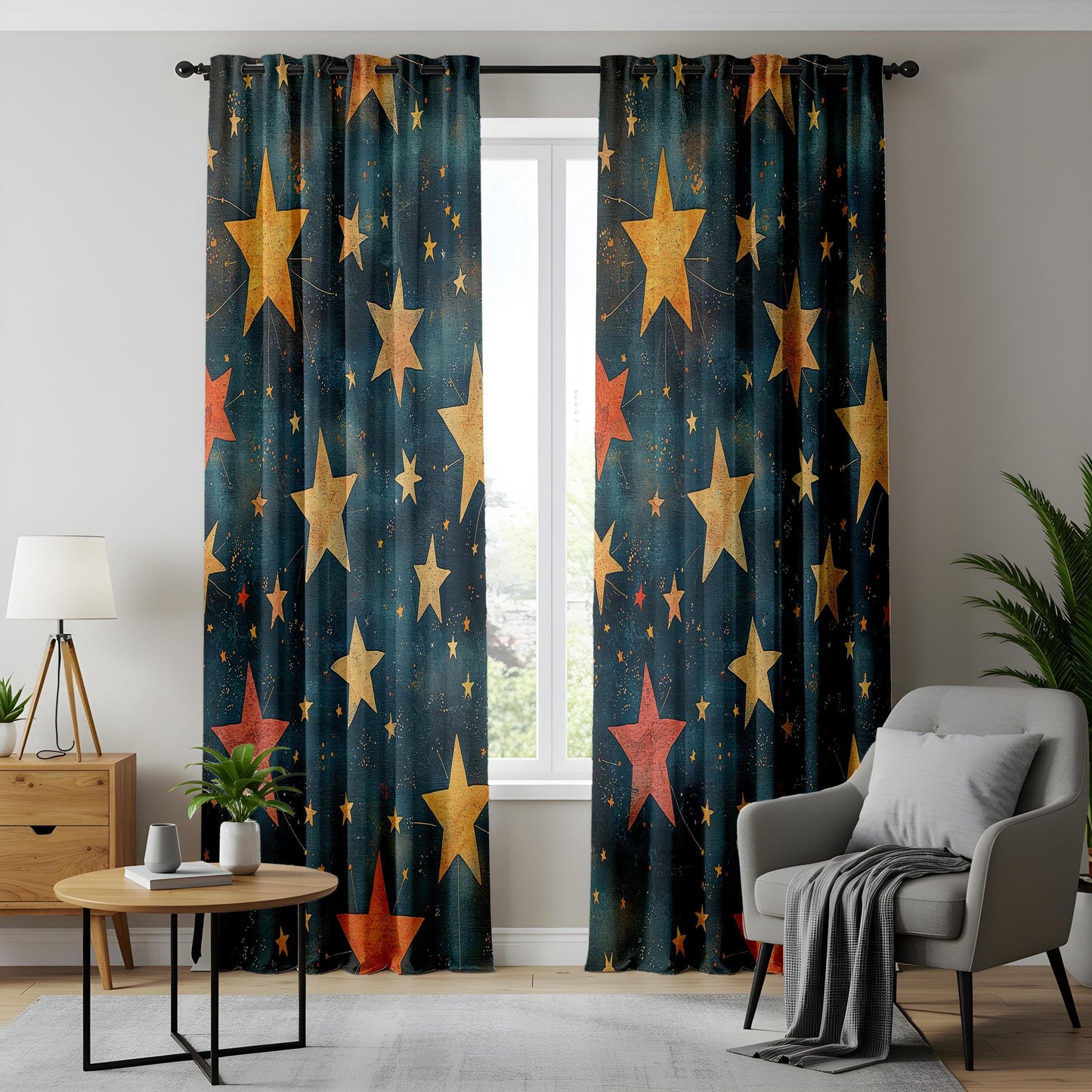 Onay Vintage Starry Night Window Curtains, Celestial Pattern Drapes