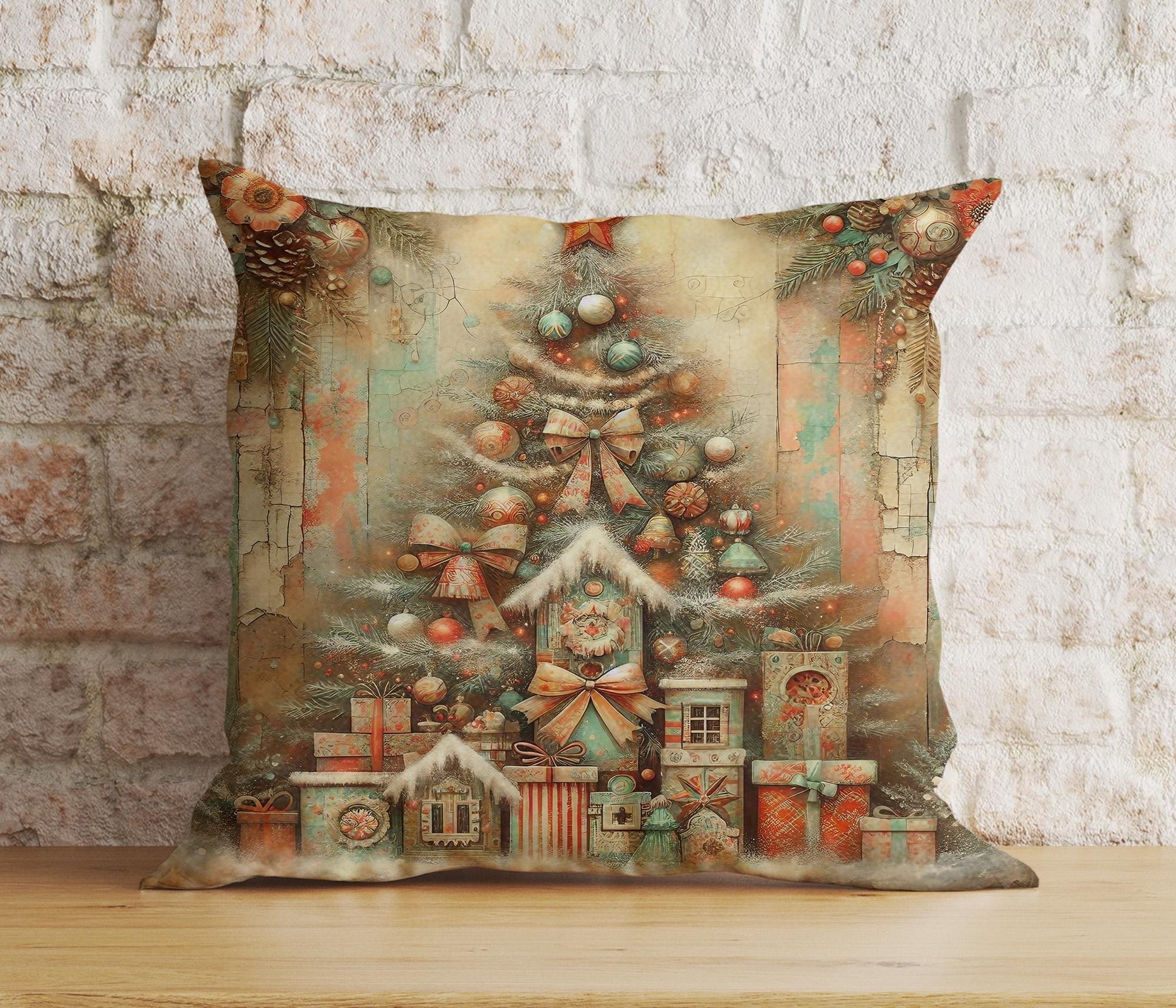 Onay 3 / 12 x 12 inch (30 x 30 cm) Double Side Vintage Xmas Tree Classic Nostalgic Xmas Cushion Covers