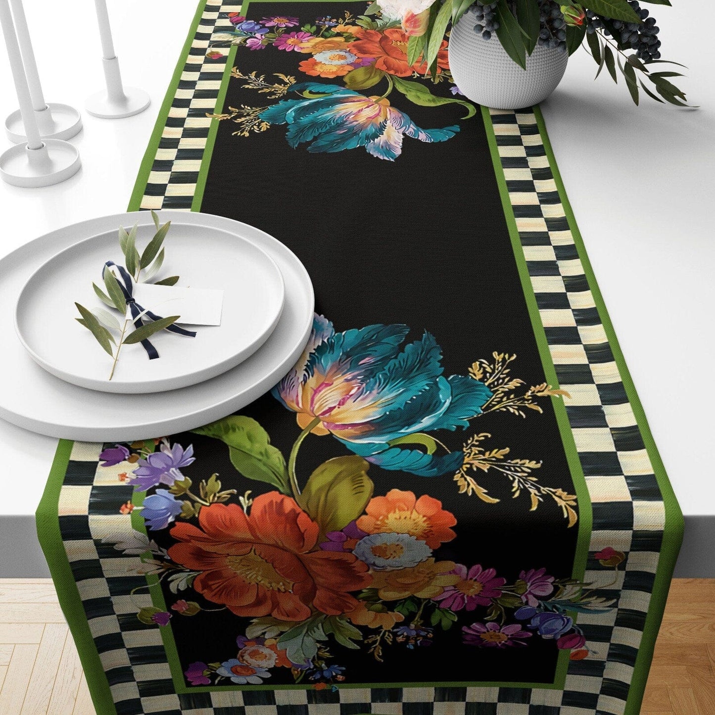 Onay 4 / 12 x 46 inch (30 x 120 cm) Vivid Colourful Retro Floral Dining Room Table Runner