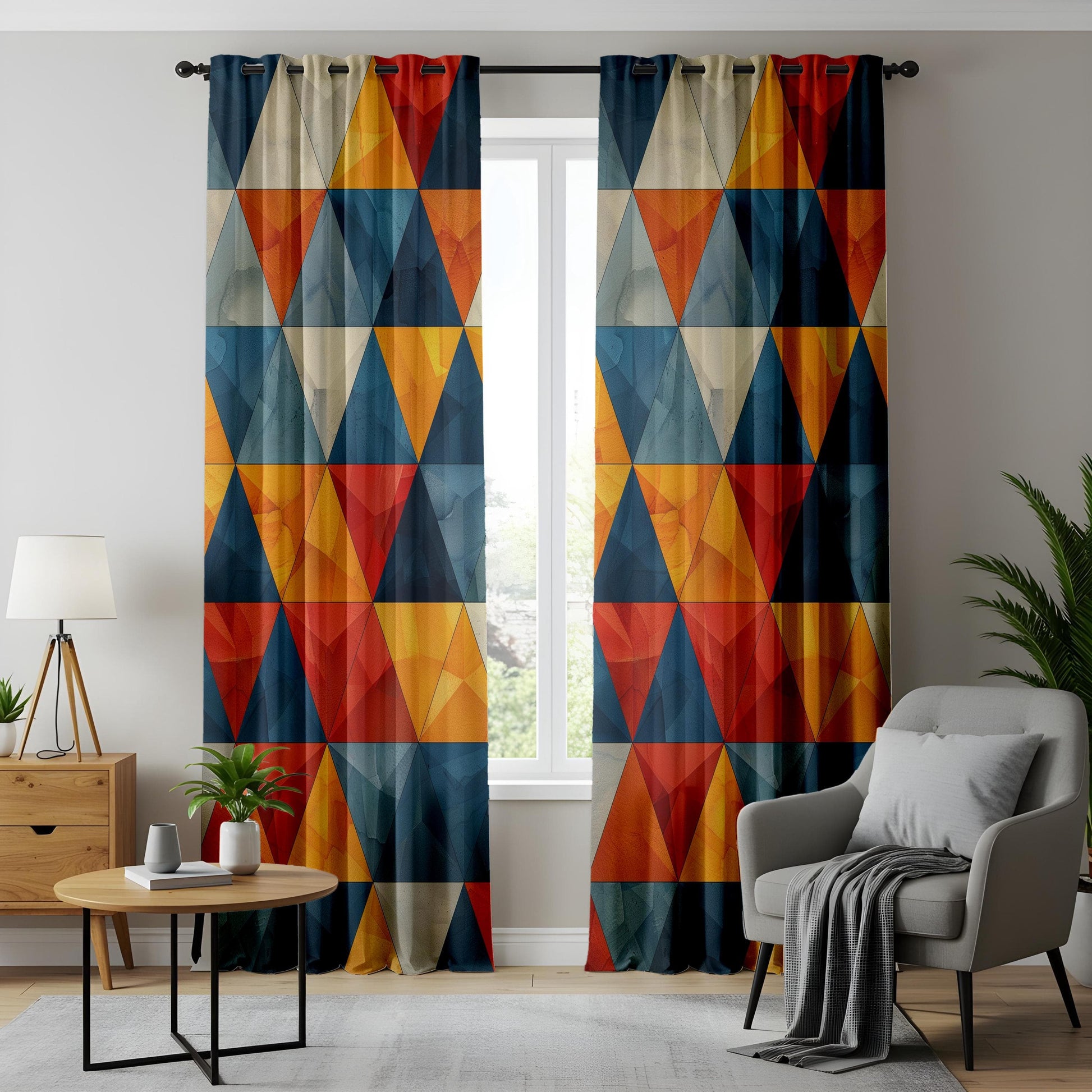 Onay Vivid Triangle Living Room Curtains, Bold Multicolor Geometric Panels
