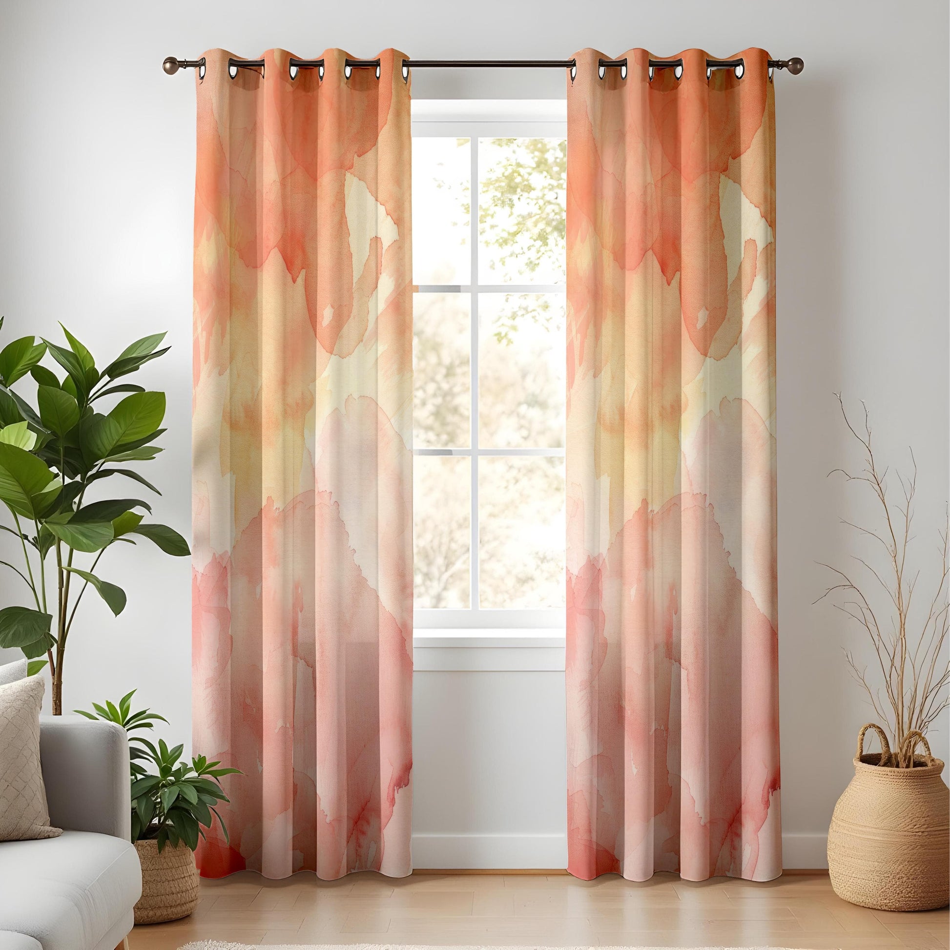 Onay Warm Tonal Abstract Window Curtains, Orange and Yellow Watercolor Strokes