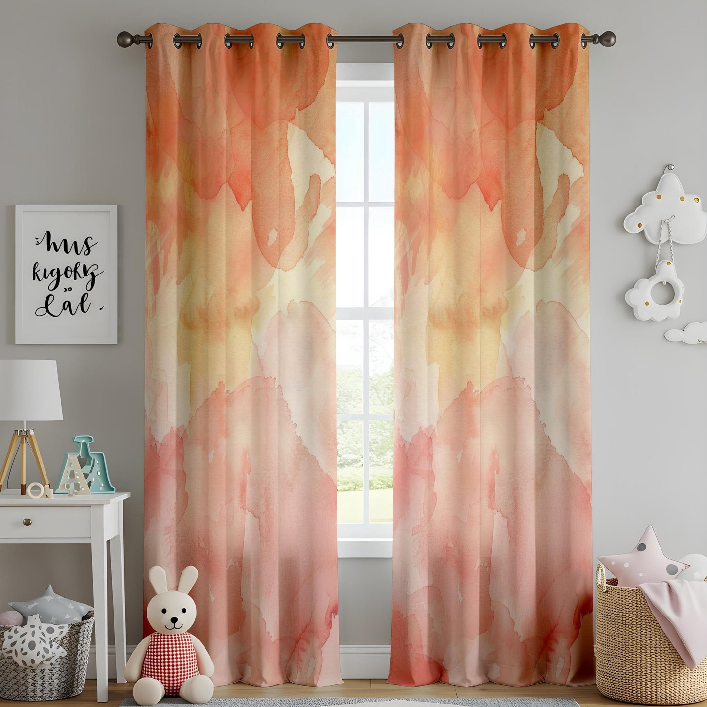 Onay Warm Tonal Abstract Window Curtains, Orange and Yellow Watercolor Strokes