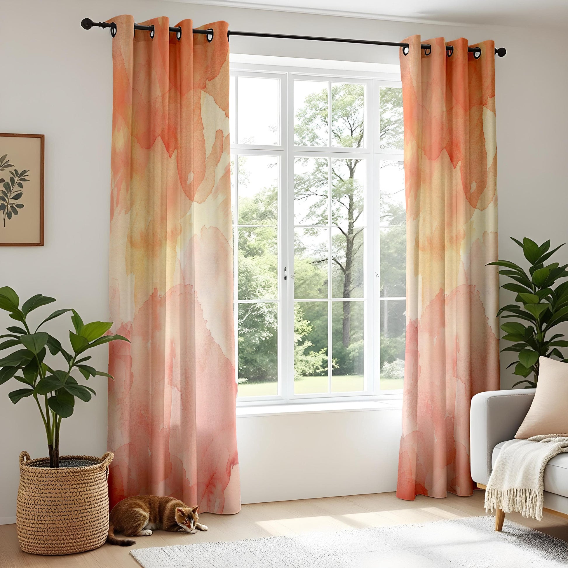 Onay Warm Tonal Abstract Window Curtains, Orange and Yellow Watercolor Strokes