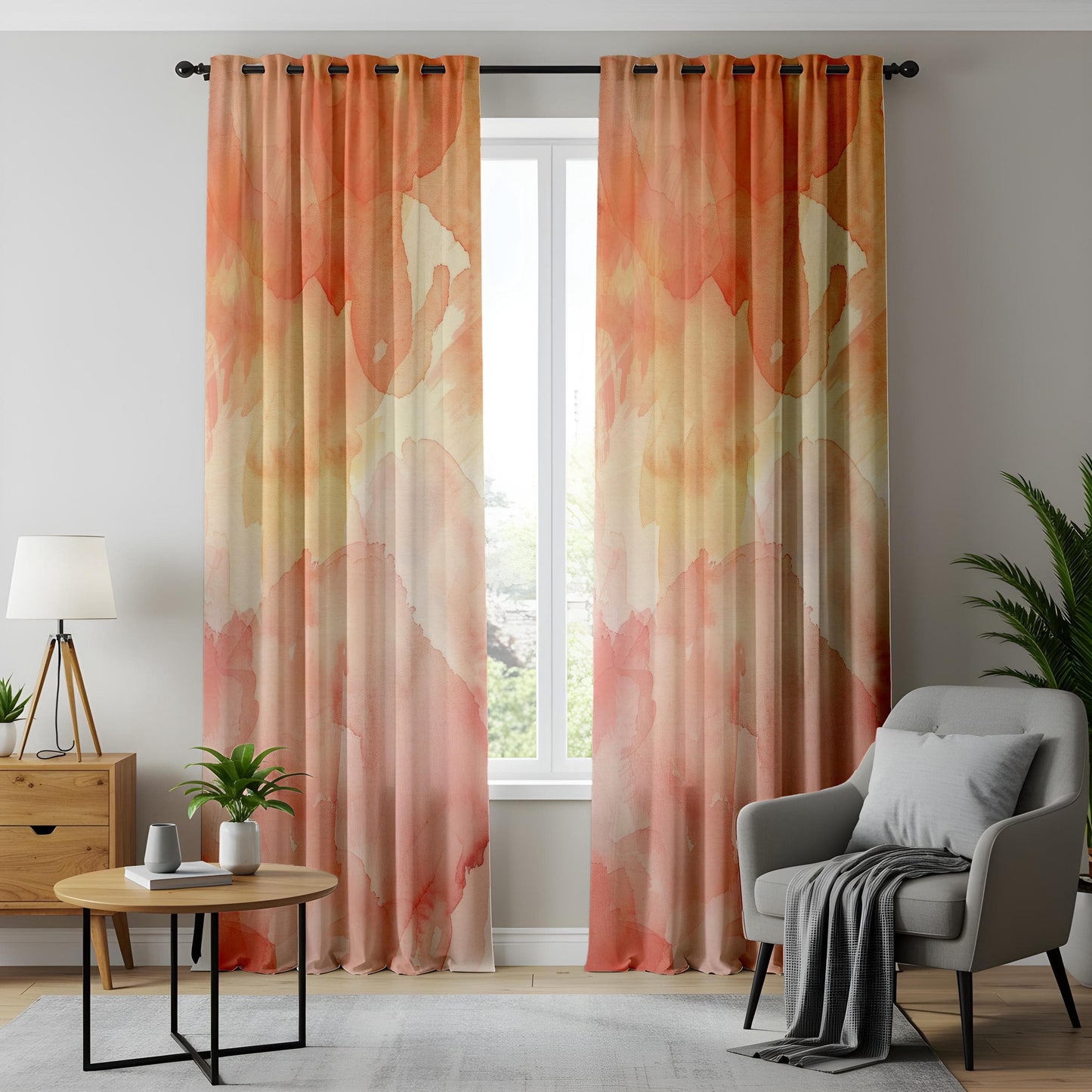 Onay Warm Tonal Abstract Window Curtains, Orange and Yellow Watercolor Strokes