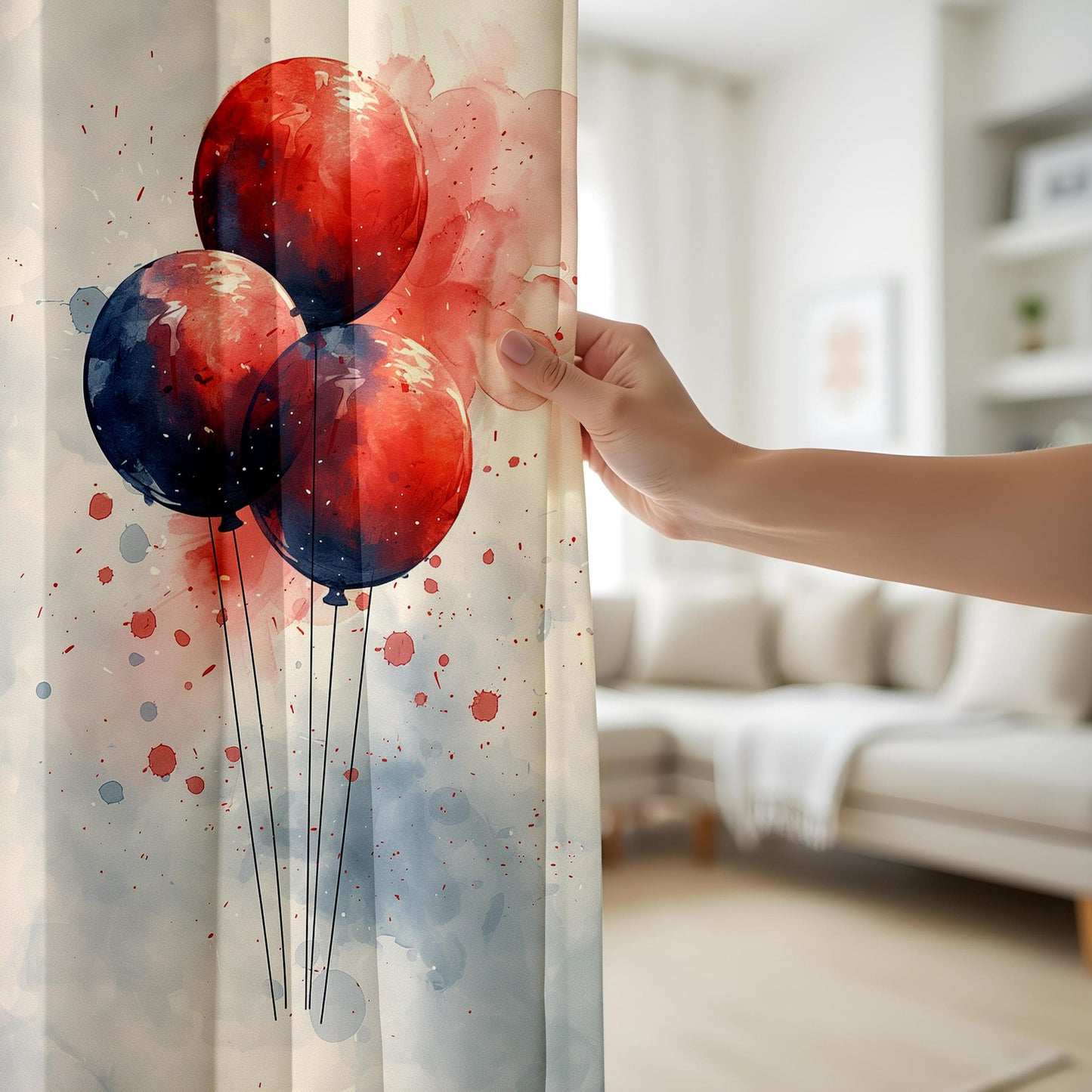 Onay Watercolor Balloon Window Curtains, Abstract Red & Blue Celebration Drapes