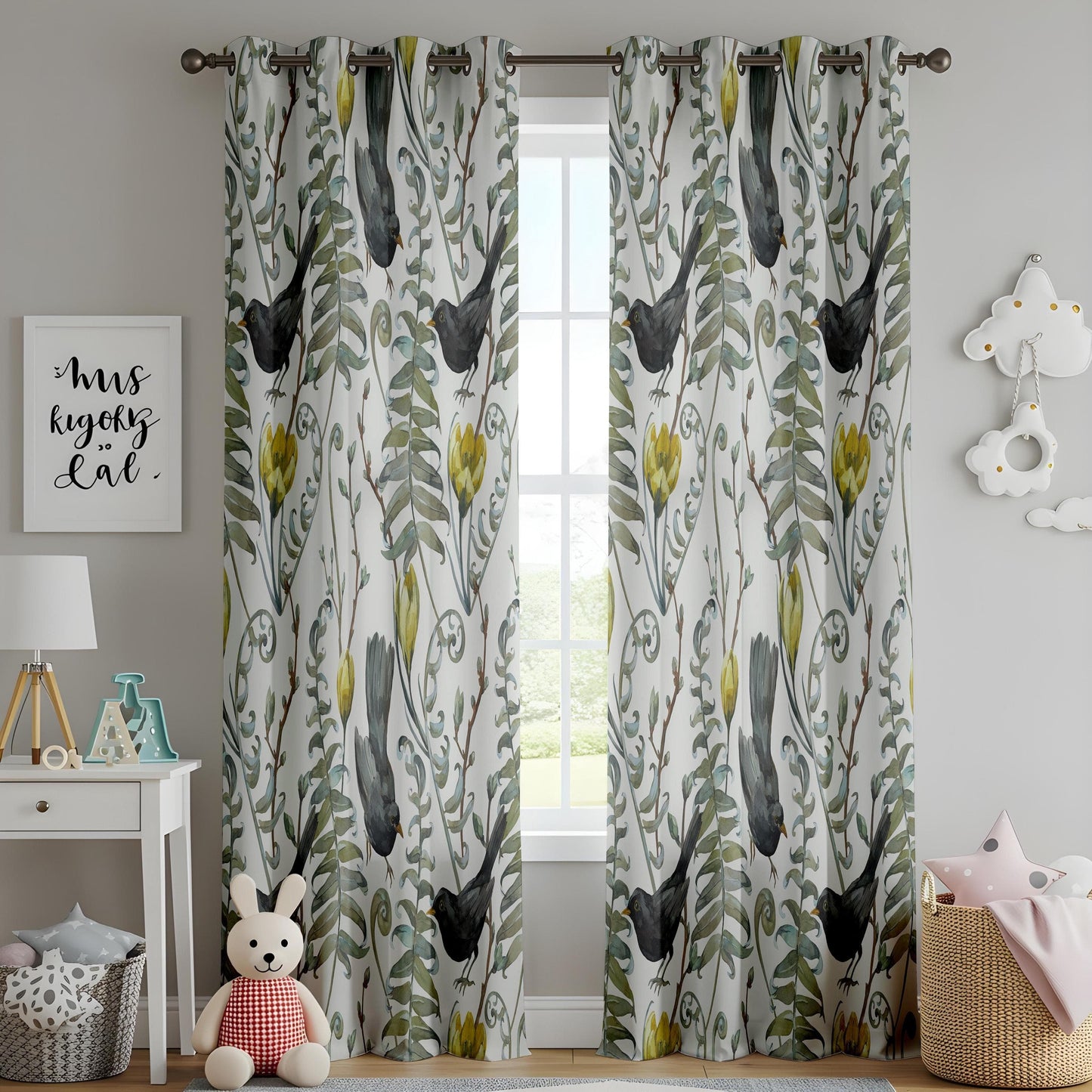 Onay Watercolor Bird & Floral Curtains – Hand-Drawn Botanical Drapes with Black Birds and Ferns