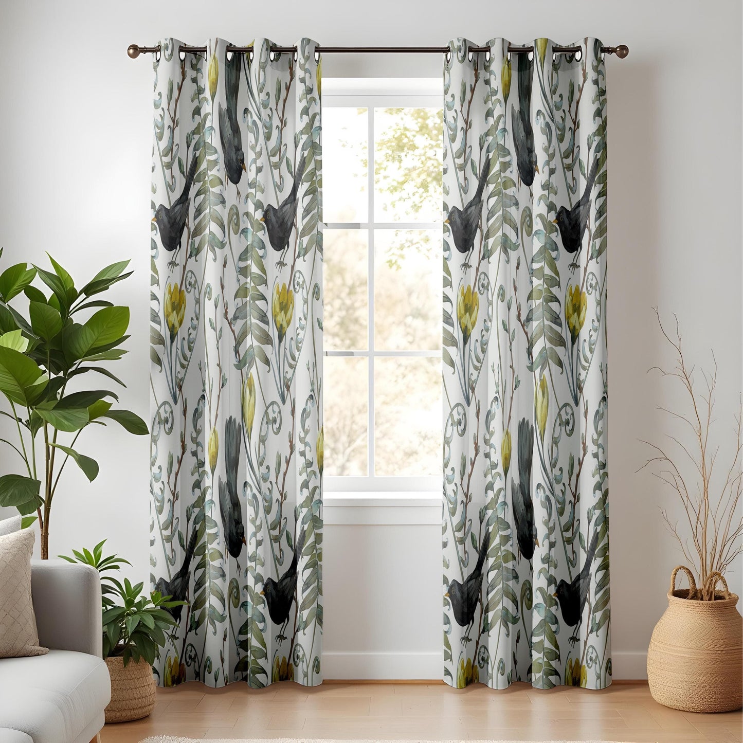 Onay Watercolor Bird & Floral Curtains – Hand-Drawn Botanical Drapes with Black Birds and Ferns