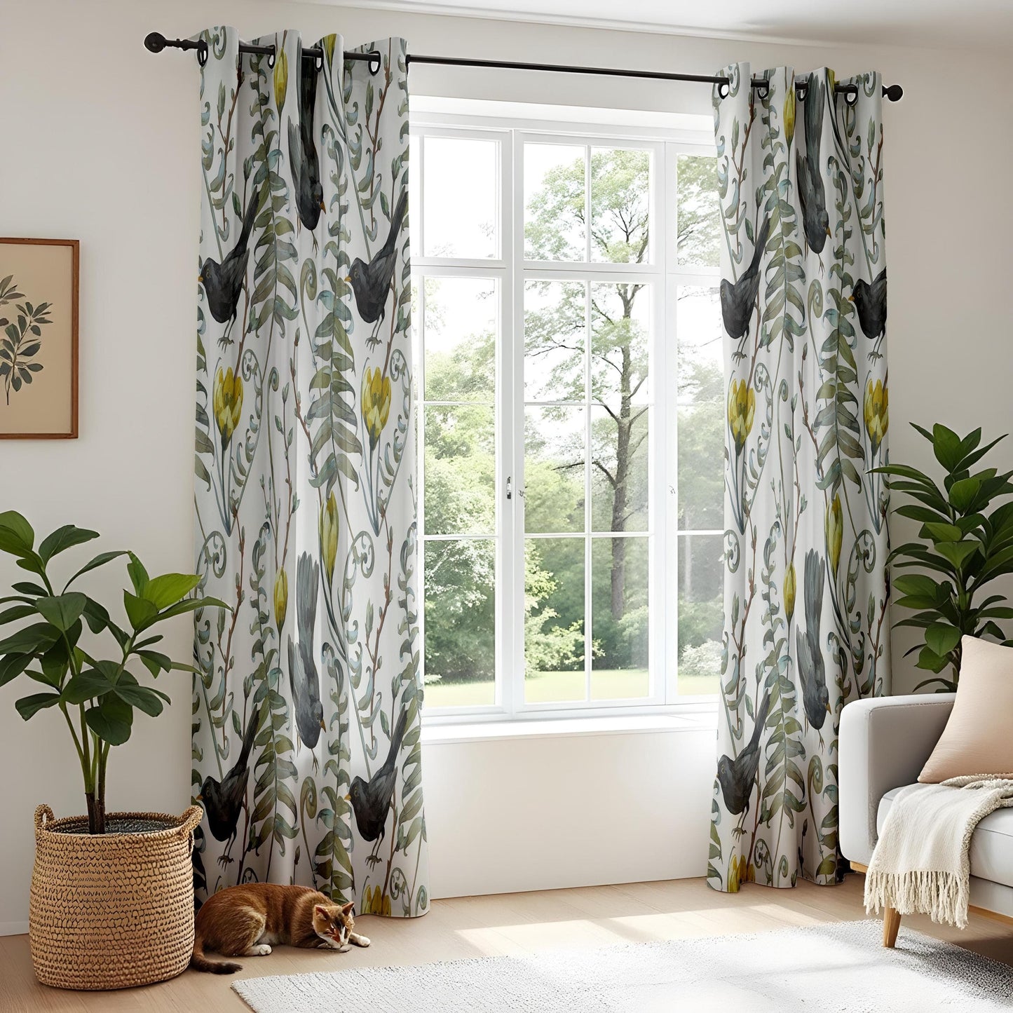 Onay Watercolor Bird & Floral Curtains – Hand-Drawn Botanical Drapes with Black Birds and Ferns