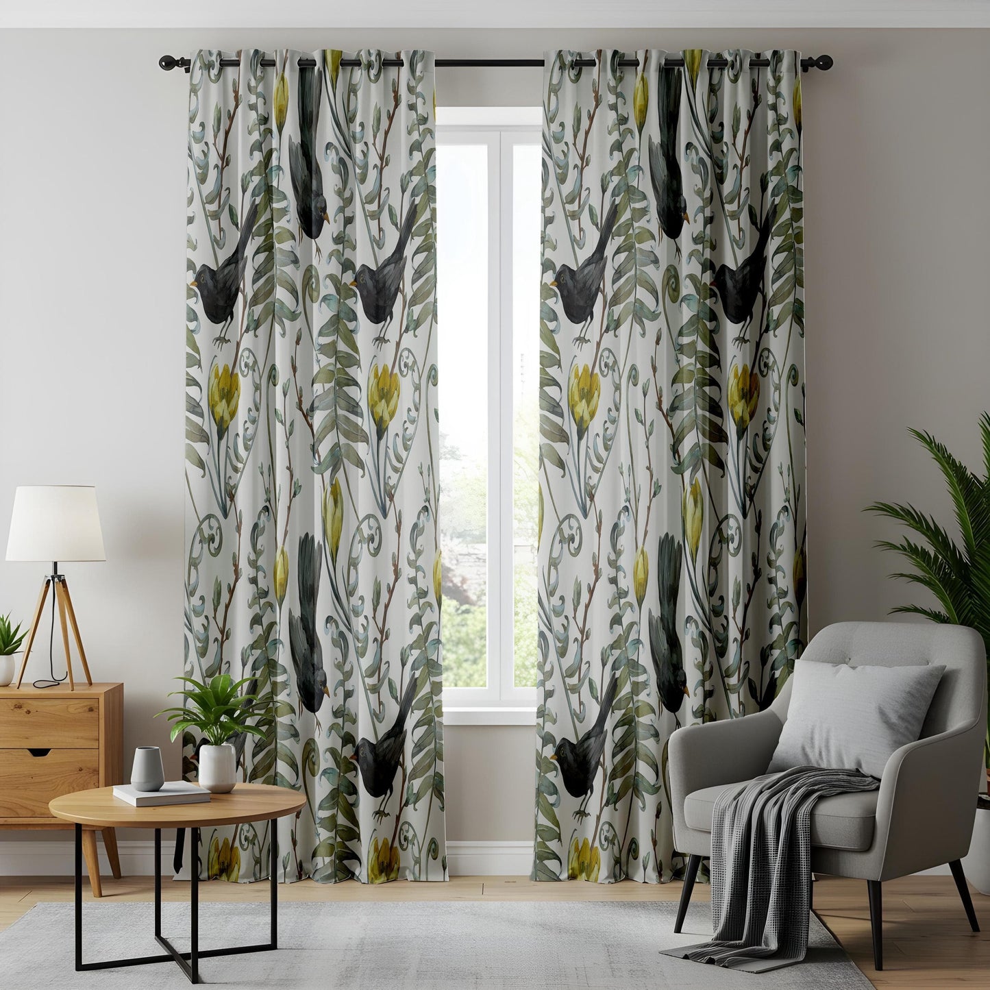 Onay Watercolor Bird & Floral Curtains – Hand-Drawn Botanical Drapes with Black Birds and Ferns
