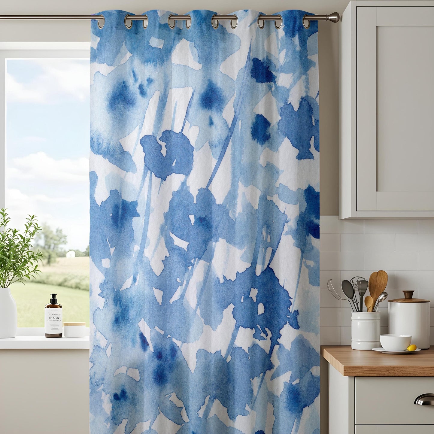 Onay Watercolor Blue Floral Curtains, Abstract Artistic Window Drapes