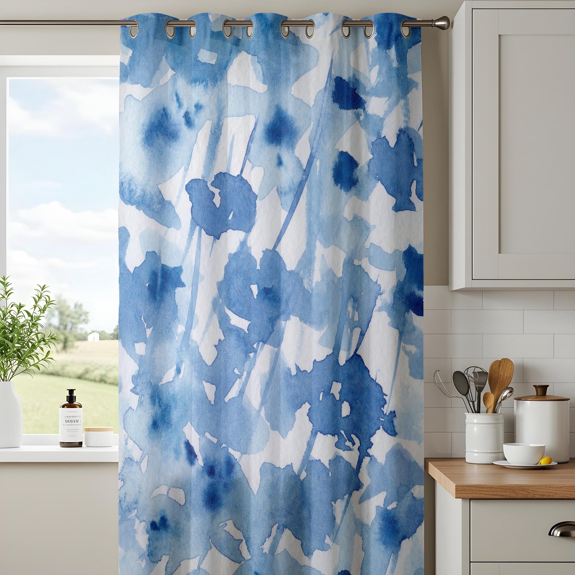 Onay Watercolor Blue Floral Curtains, Abstract Artistic Window Drapes