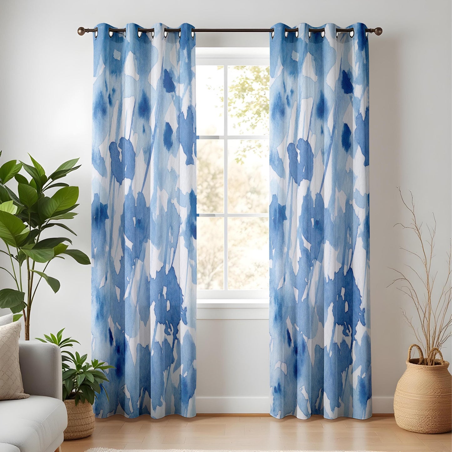 Onay Watercolor Blue Floral Curtains, Abstract Artistic Window Drapes