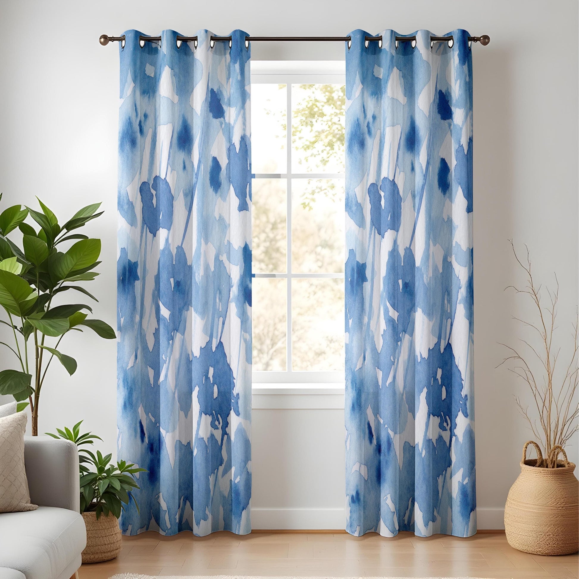 Onay Watercolor Blue Floral Curtains, Abstract Artistic Window Drapes