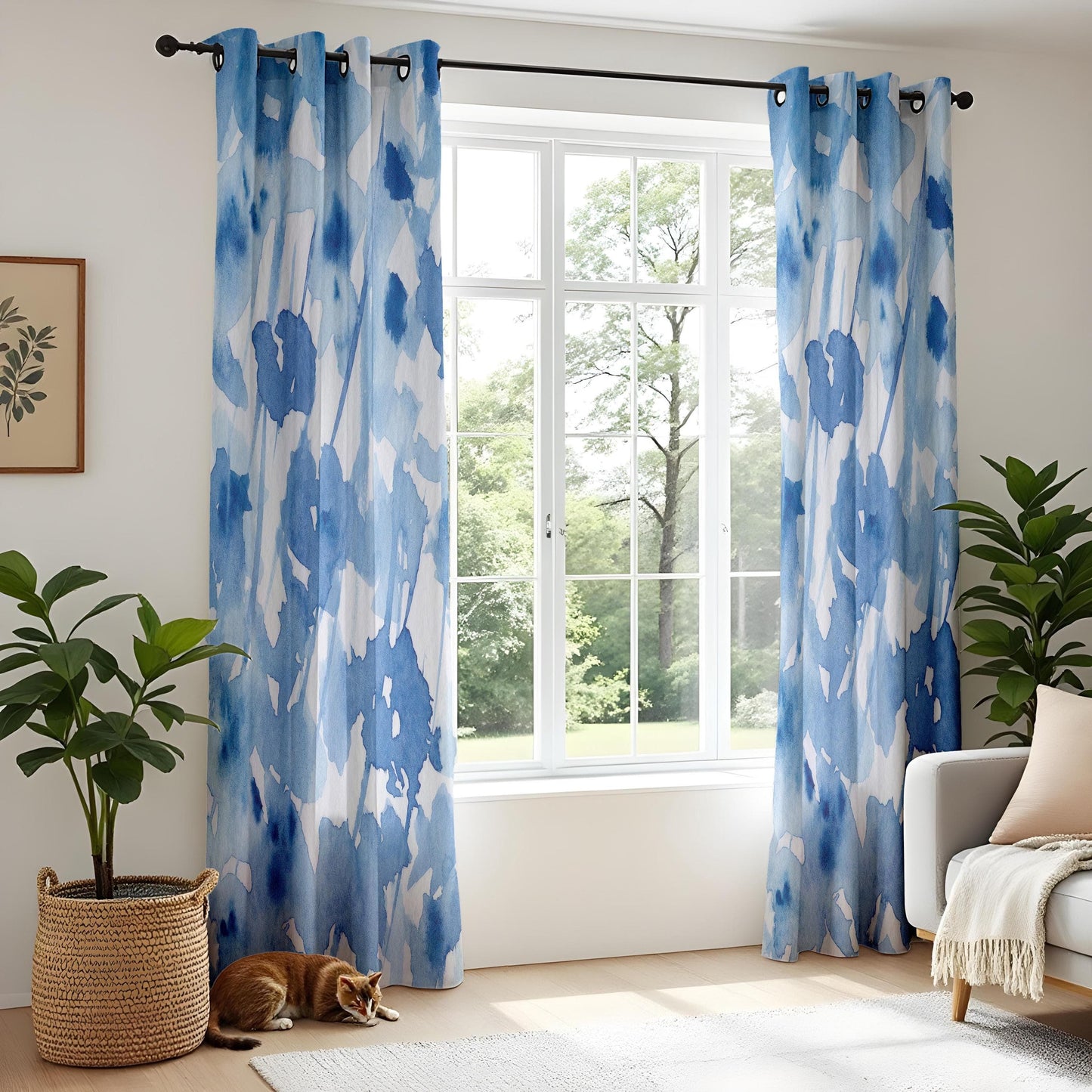 Onay Watercolor Blue Floral Curtains, Abstract Artistic Window Drapes