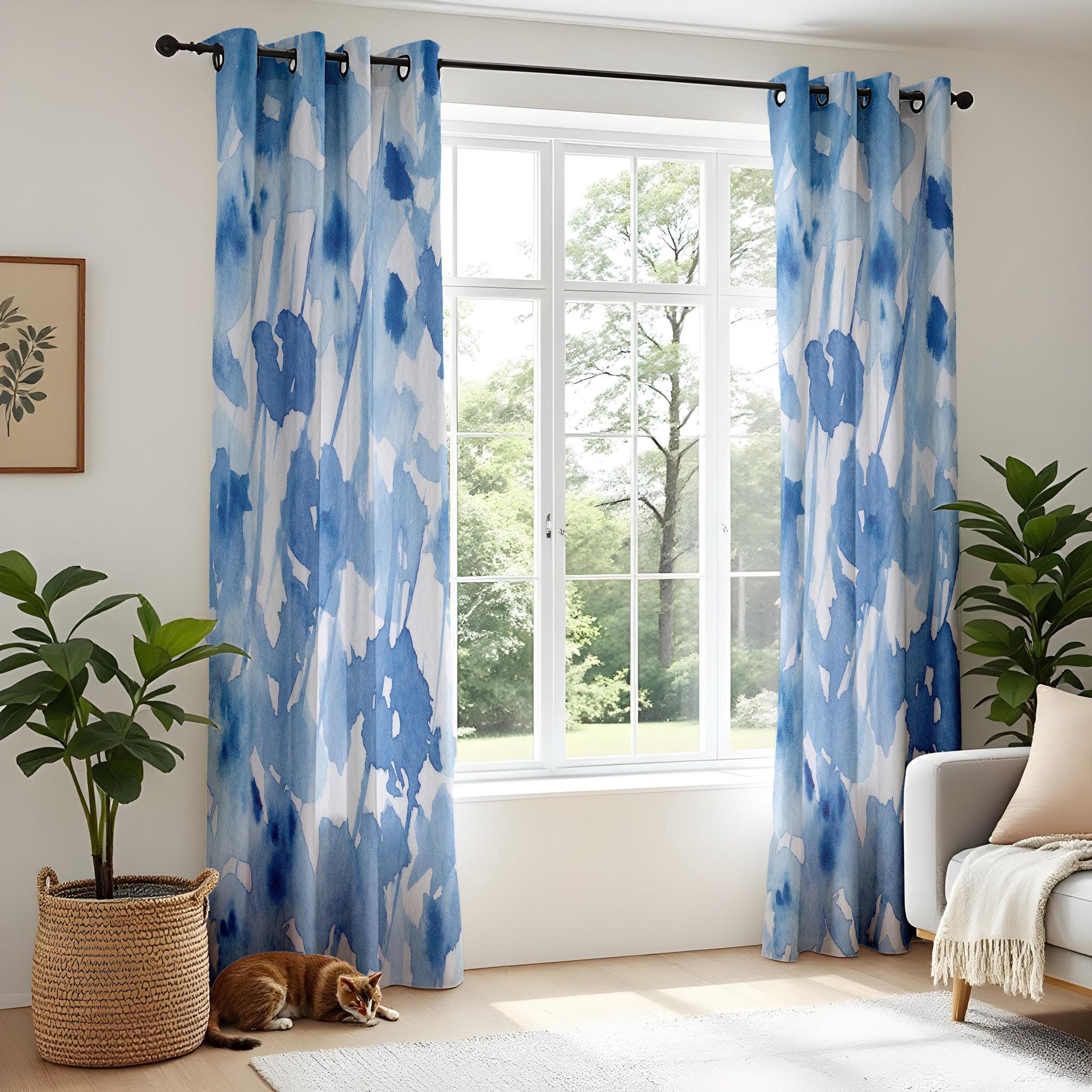 Onay Watercolor Blue Floral Curtains, Abstract Artistic Window Drapes