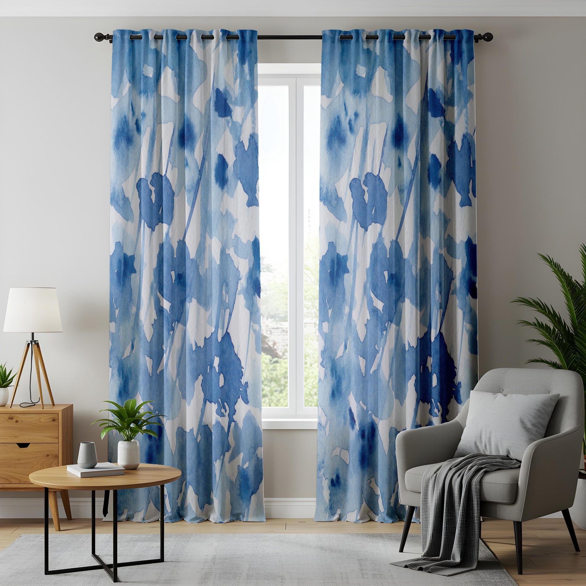 Onay Watercolor Blue Floral Curtains, Abstract Artistic Window Drapes
