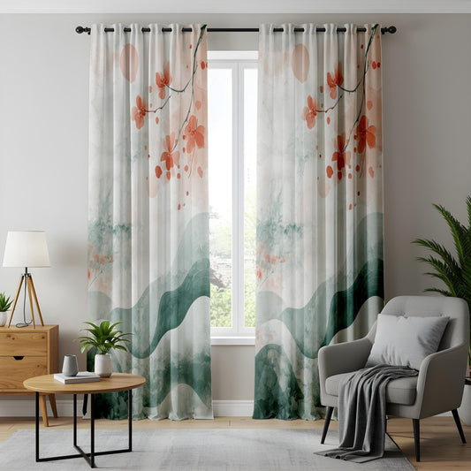 Onay Watercolor Cherry Blossom Curtains, Asian-Inspired Artistic Drapes